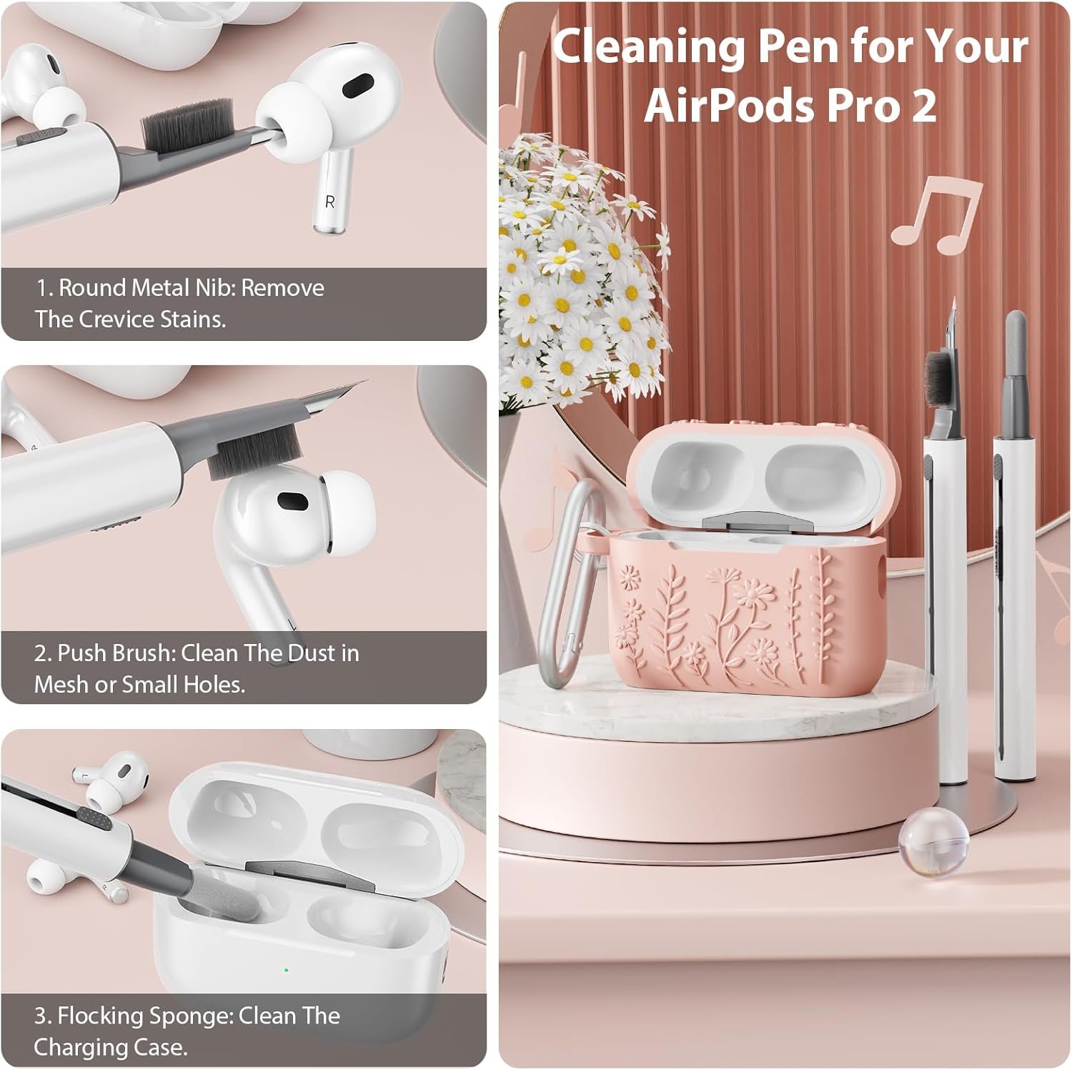 AirPods Pro 2 Case Cover, KOREDA Cute Flower Engraved Design Case for Airpods Pro 2nd Generation/1st Generation, Soft Silicone Full Protective Cover with Keychain & Cleaner Kit, Pink - Image 5