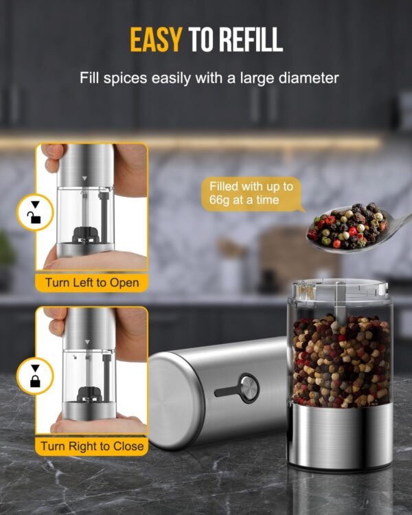 [Upgraded 66g Large Capacity] Electric Salt and Pepper Grinder Set USB Rechargeable with 6-Level Adjustable Coarseness Stainless Steel Automatic Salt n Pepper Mills Shakers Refillable with LED light - Image 6