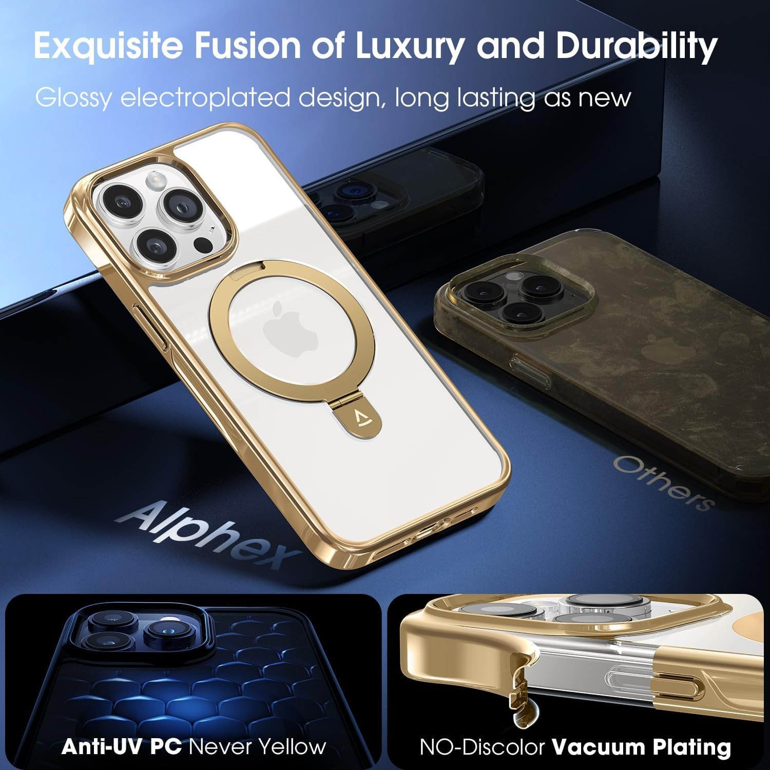 Alphex Titanium Stand for MagSafe iPhone 15 Pro Max Case, Polished Titanium Match for iPhone, 12FT Military Drop Protection, Shockproof Phone Ring Slim Cover 6.7 inch, Gold Titanium - Image 7