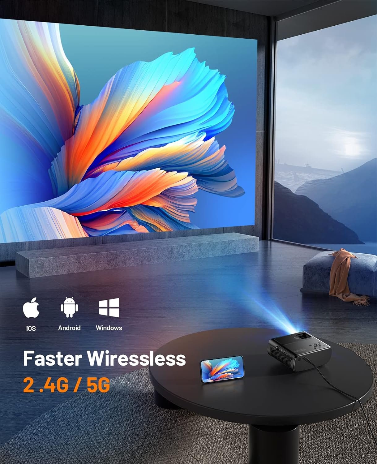 WiFi Projector for iPhone, ELEPHAS 2024 Upgraded Mini Projector with Tripod & Carry Bag, Full HD 1080P Supported, 200" Display Portable Projector, Compatible with iOS/Android/Windows/TV Stick/HDMI/USB - Image 3