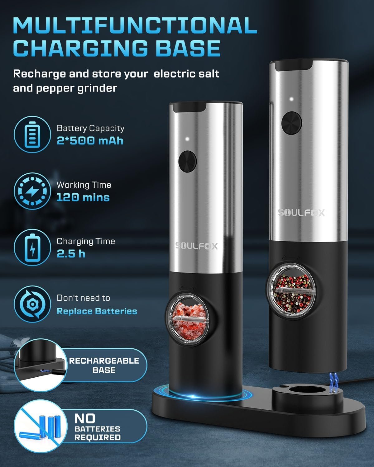 USB Rechargeable Electric Salt and Pepper Grinder Set - White Light, One Hand Operation, Adjustable Coarseness, Refillable - By SoulFox - Image 4