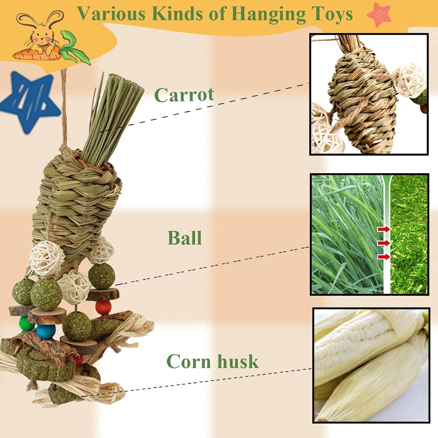 Rabbit Toy, Bunny Cage Hanging Chew Toy & Treats for Guinea Pigs Chinchillas Hamsters Rats and Other Small Pets Teeth Grinding - Image 3