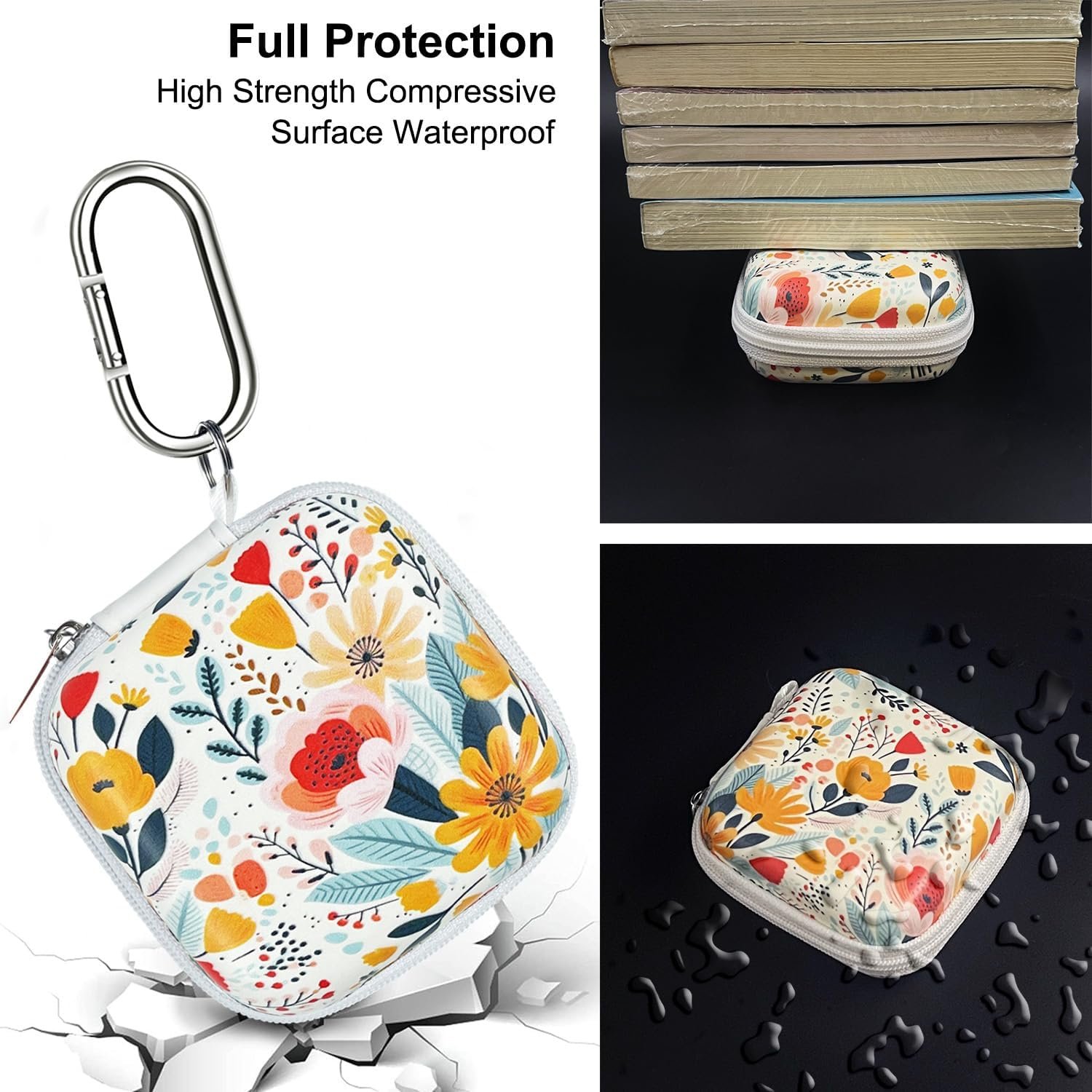 Square Earbud Case, Headphone Organizer Ear Bud Case Portable EVA Carrying Case Storage Bag with Carabiner for AirPods 4 Airpods Pro 2 Beats Bose Galaxy Buds 3 Data Cable Storage (Blooming Floral) - Image 7