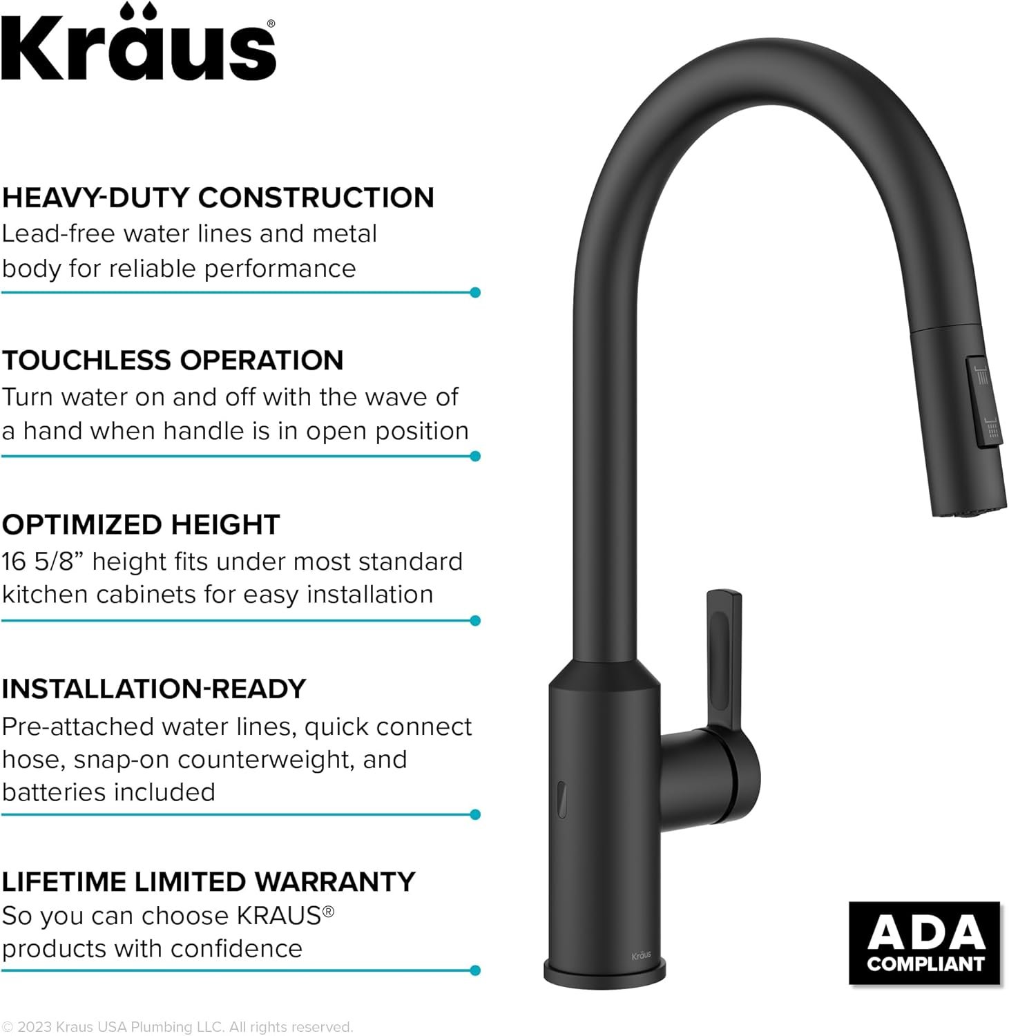 KRAUS Oletto Touchless Sensor Pull-Down Single Handle Kitchen Faucet in Matte Black, KSF-2830MB - Image 15