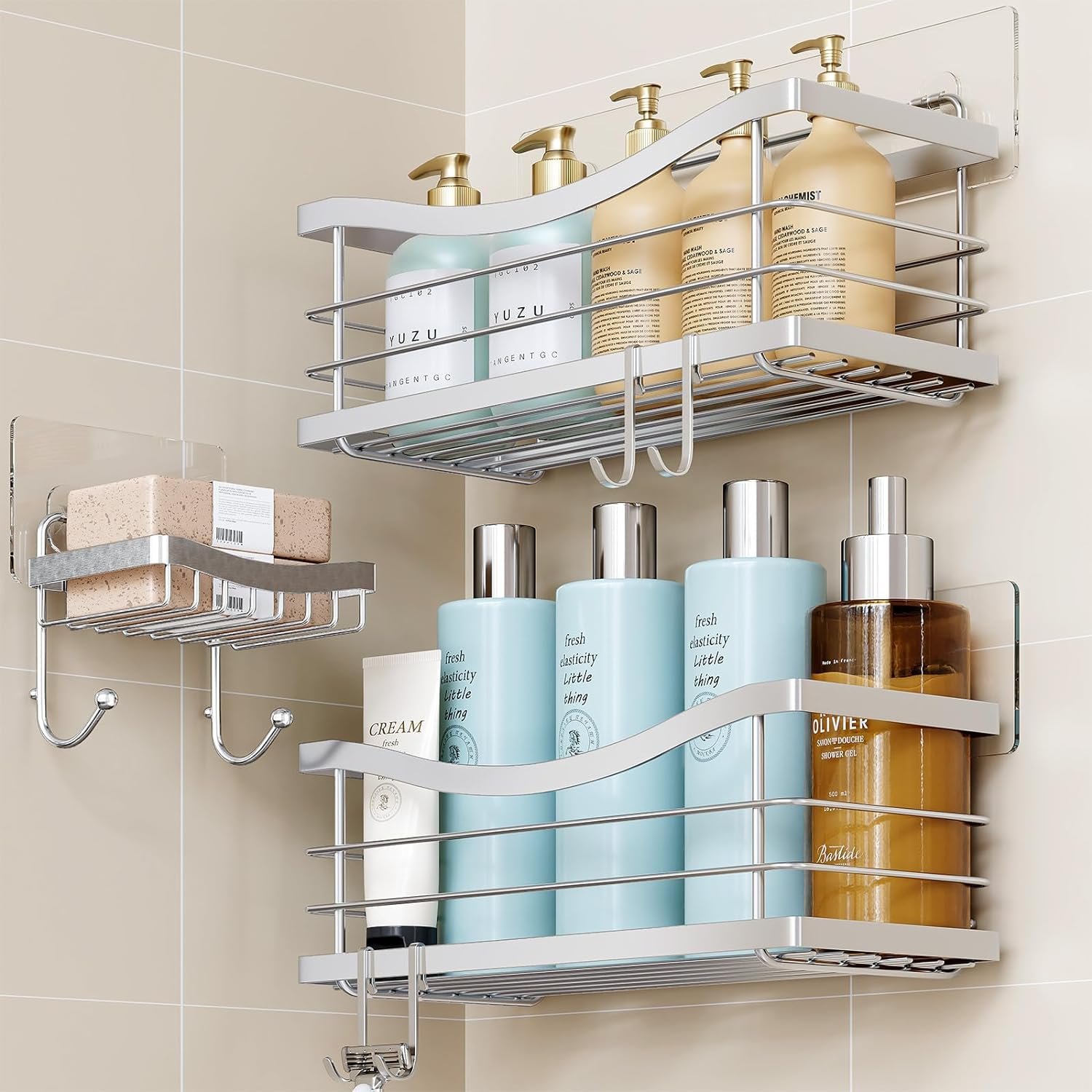 ODesign Shower Caddy 3 Pack-Shower Organizer Shelves Rack Rustproof SUS304 Stainless Steel for Bathroom Storage&Kitchen-No Drilling Adhesive Shower Caddy Shelf Dorm Room Essentials-Silver - Image 2