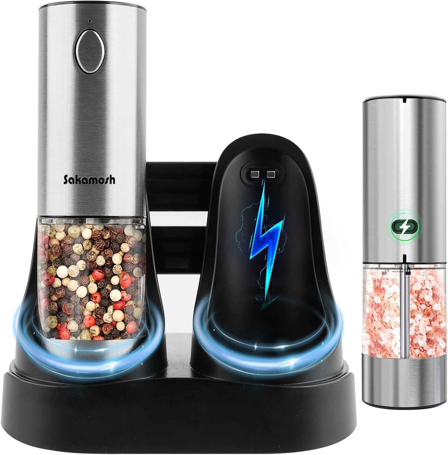 Electric Salt and Pepper Grinder Set, Rechargeable with Charging Base,Adjustable Coarseness with LED Light, Stainless Steel Automatic Pepper and Salt Mill Refillable(2 Packs) - Image 2