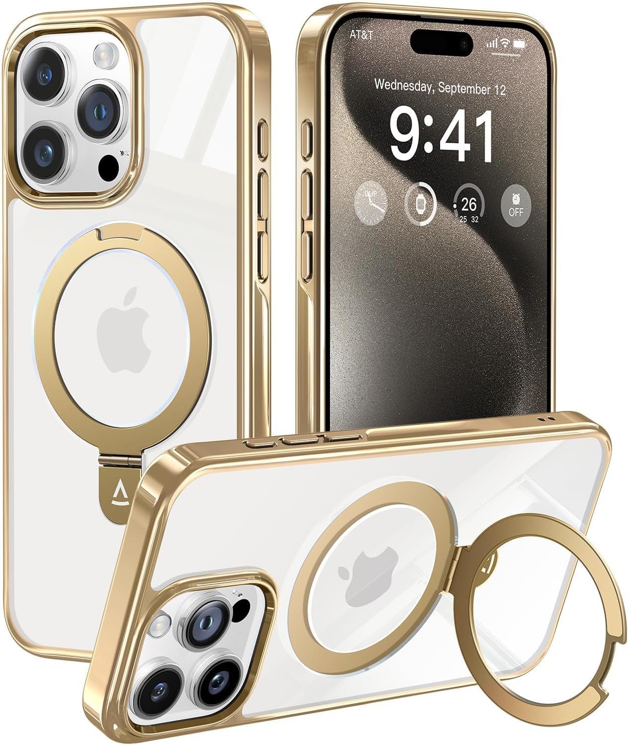 Alphex Titanium Stand for MagSafe iPhone 15 Pro Max Case, Polished Titanium Match for iPhone, 12FT Military Drop Protection, Shockproof Phone Ring Slim Cover 6.7 inch, Gold Titanium - Image 2