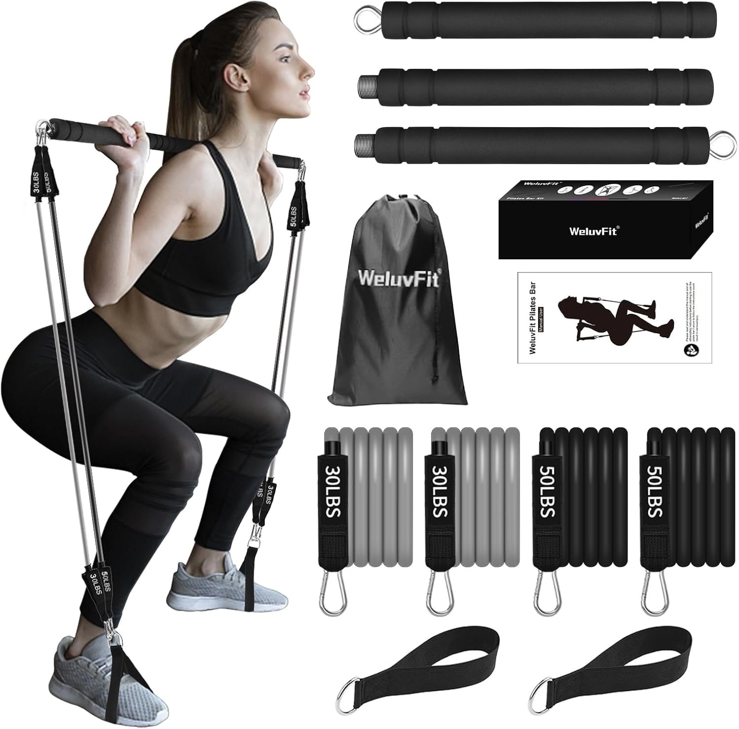 Plates Bar Kit with Resistance Band-Multifunctional Portable Weighted Exercise Pilates Bar, Home Gym with Beginner Workout Equipment, Yoga Set for Full Body - Image 2