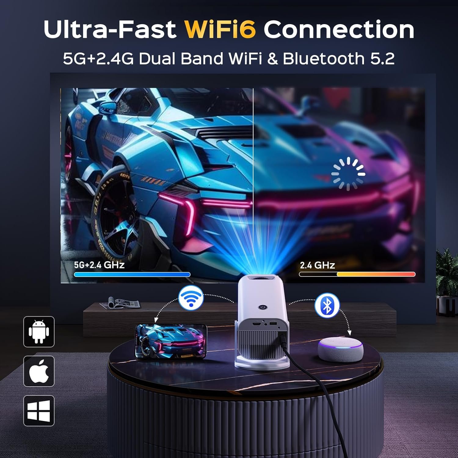 Mini Projector with WiFi and Bluetooth, 180°Adjustable Stand Smart Projector, 150" Portable Projector with Android TV 11.0, 2.4G/5G, Native 1080P, 300 ANSI Auto Keyston Outdoor/Home Movie, White - Image 4