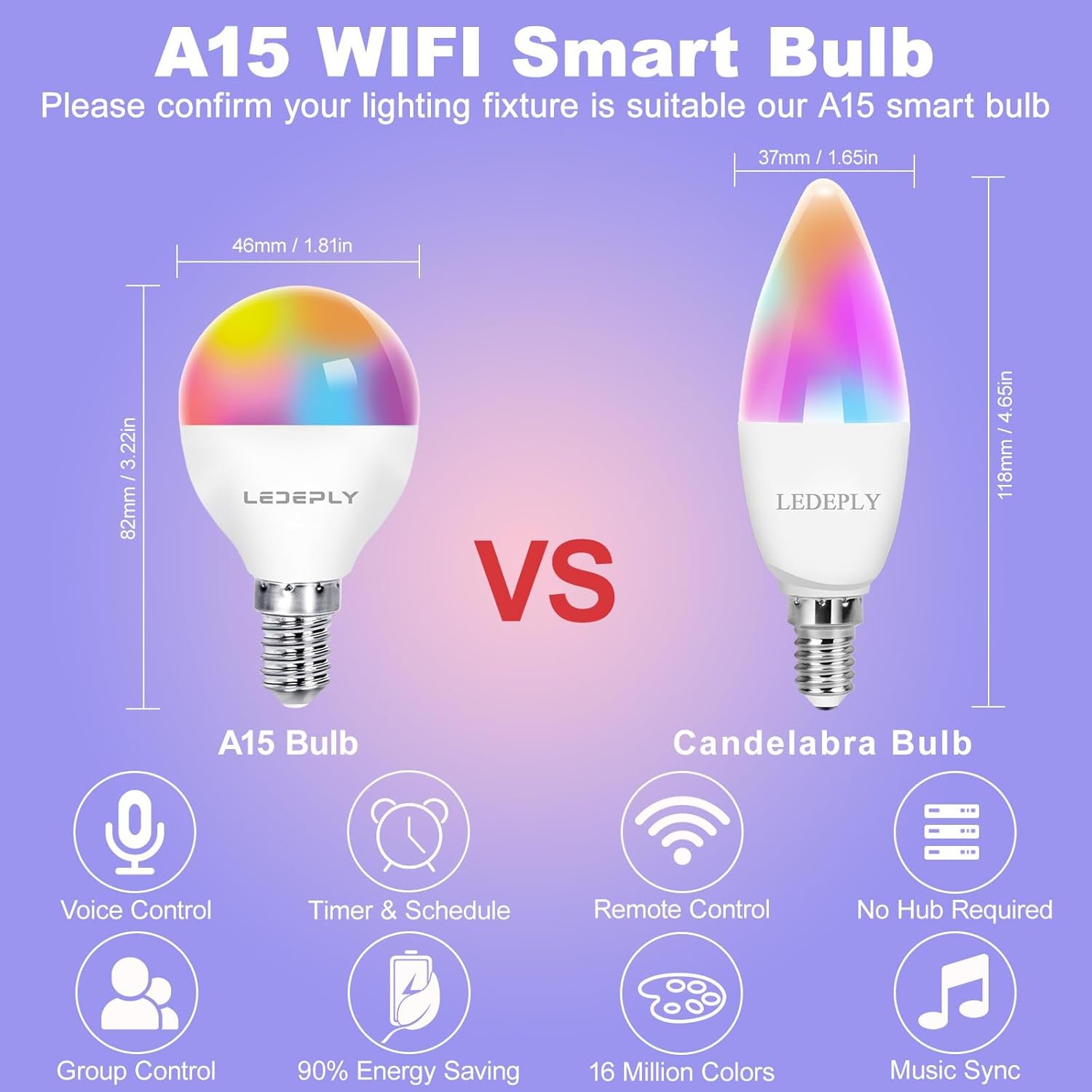 A15 LED Smart Bulb, 5W=40W,Compatible with Alexa, Google Assistant, E12 Base, Dimmable, 2.4G WiFi ONLY, RGB Color Changing, Tunable White 2700K-6500K, Globe Shape, G45 Ceiling Fan Light Bulbs 4 Pack - Image 6