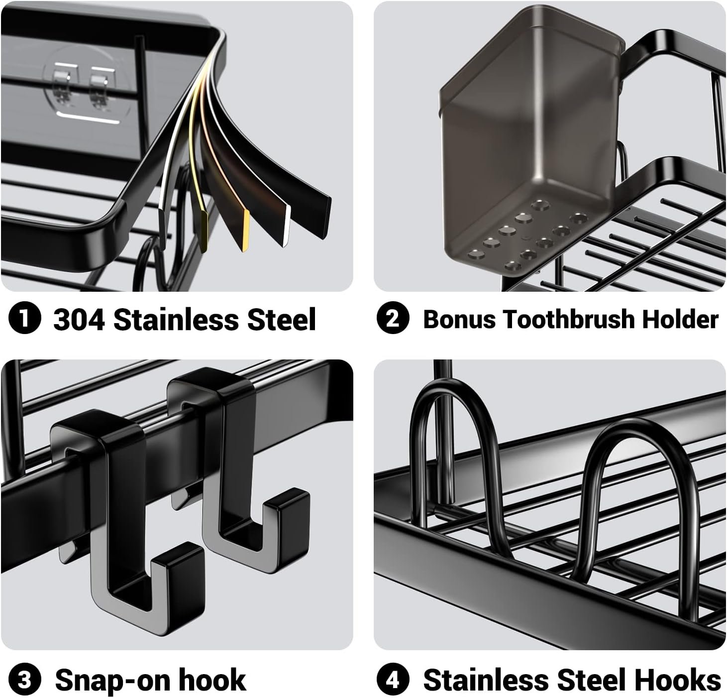 Corner Shower Caddy, 2 Pack Adhesive Shower Corner Organizer Shelves, No Drilling Stainless Steel Shower Storage Rack with Hooks&Toothpaste Holder for Bathroom, Dorm and Kitchen - Image 5