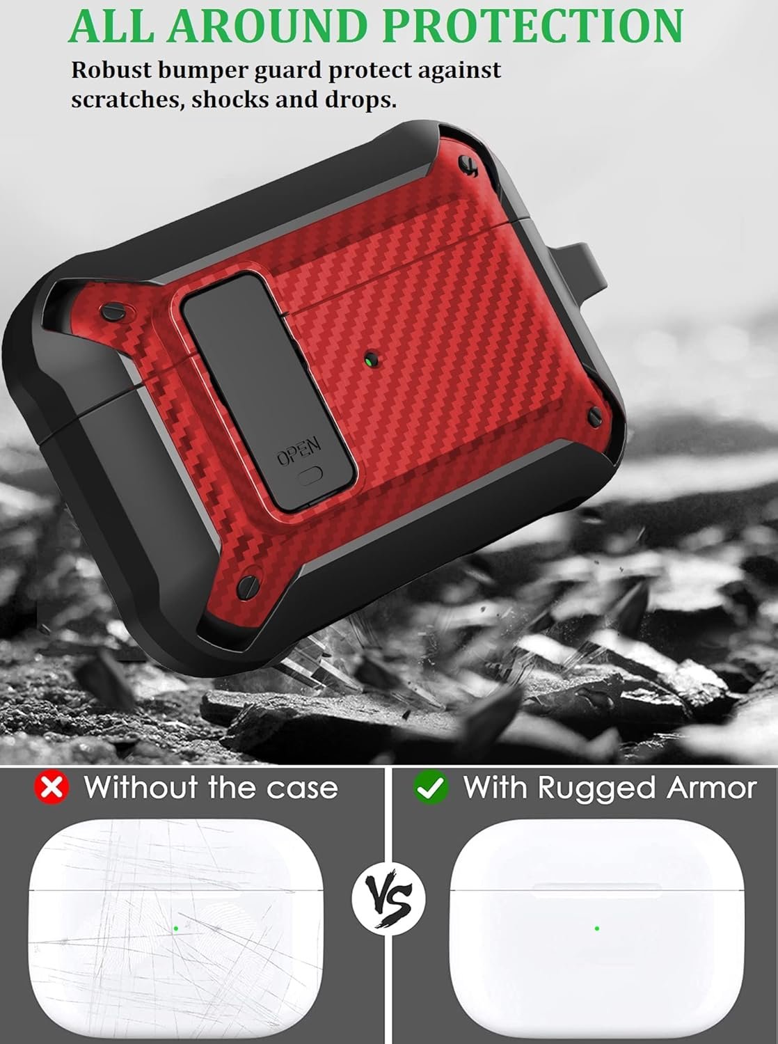 Olytop for Airpods Pro 2/1 Gen Case Cover with Lock Clip (2019/2022/2023), Rugged Locking Protective Case for Airpod Pro 2nd Generation Shockproof Armor Skin for Apple iPod Pro, Black/Red - Image 5