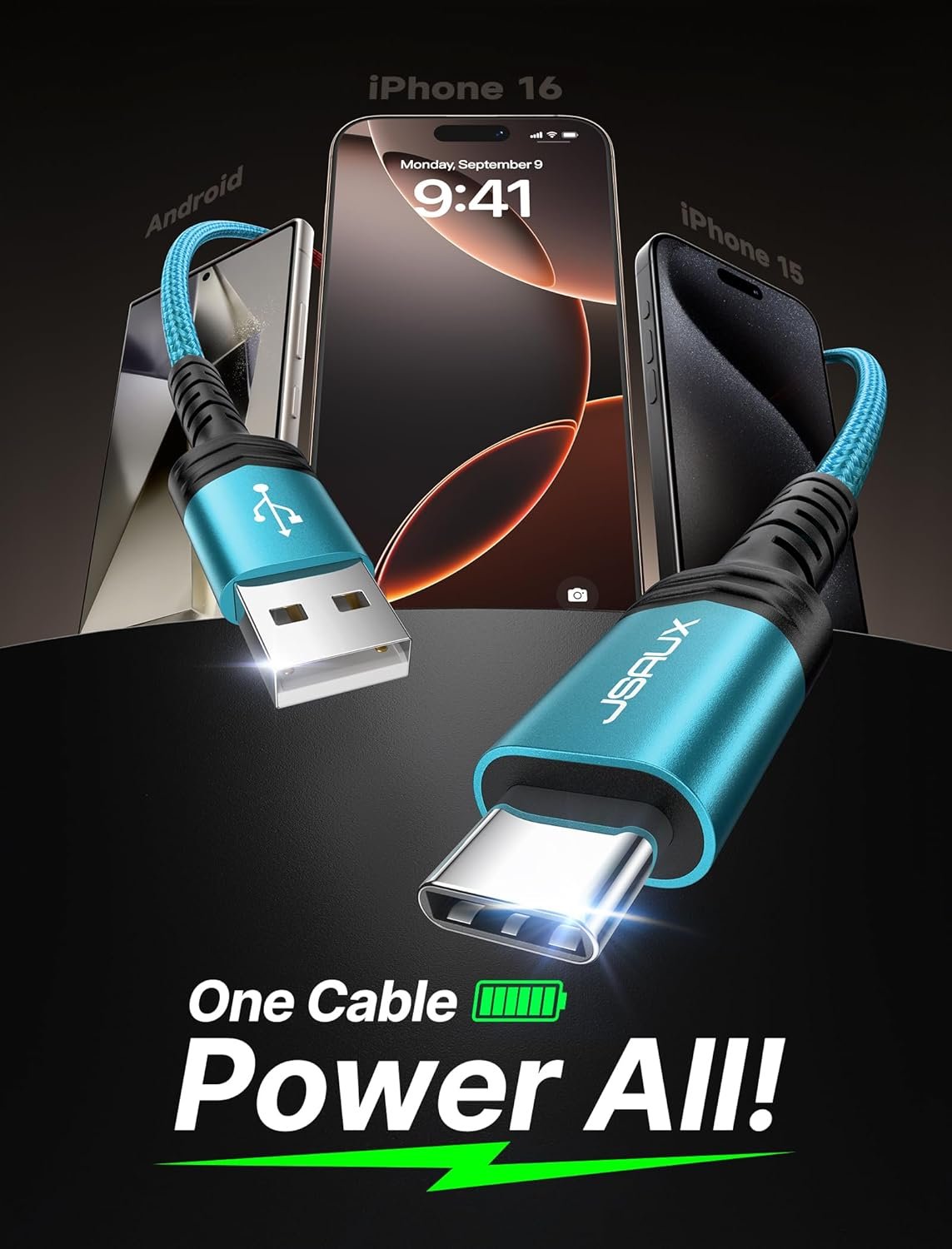 JSAUX USB-C Cable 3.1A Fast Charging, 3-Pack (10ft+6.6ft+3.3ft) USB A to Type C Charge Cord Compatible with Samsung S22 S21 S20 Note 20, iPhone 16/16 Plus/16 Pro/16 Pro Max, PS5, USB C Charger(Green) - Image 3