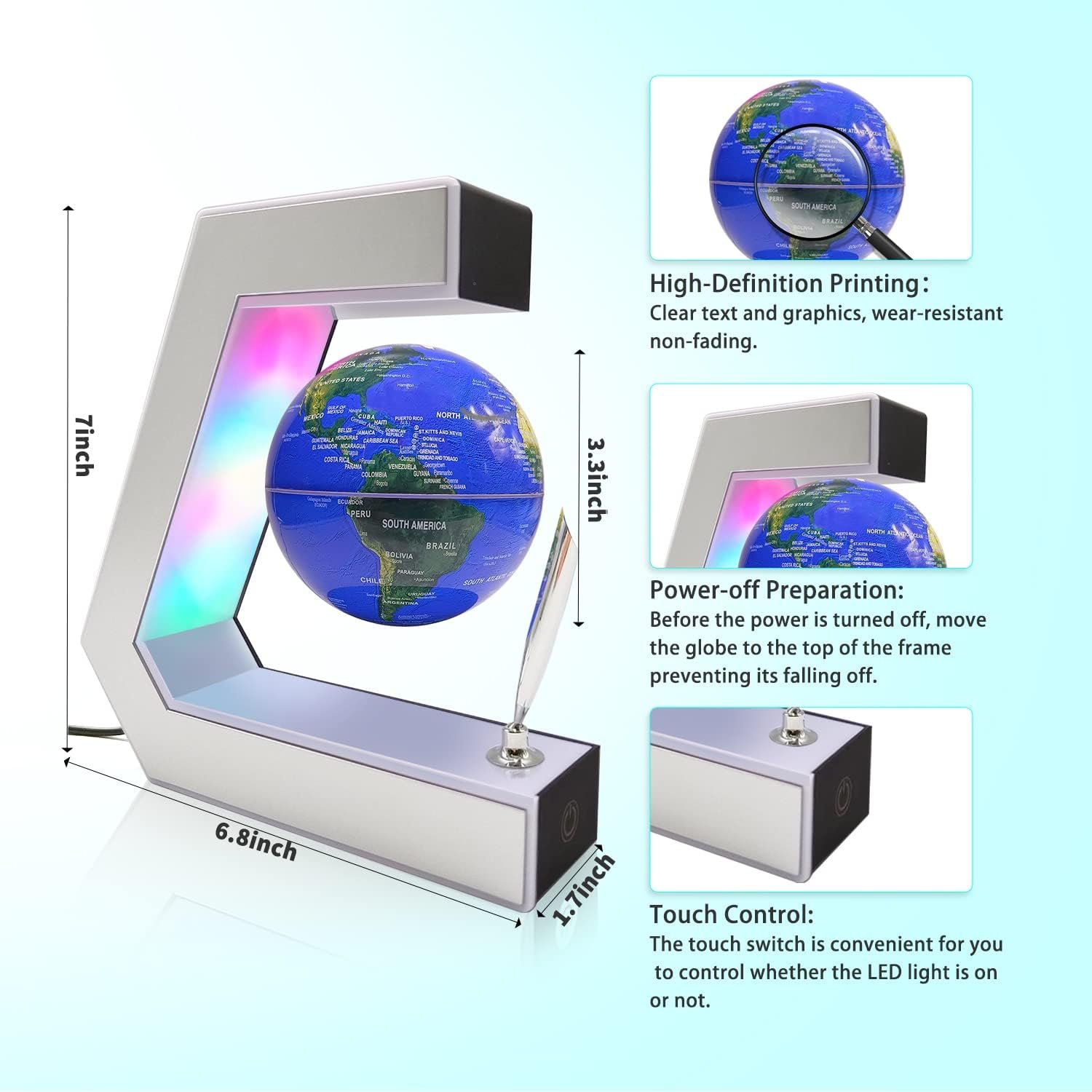 Flagest Magnetic Levitation Globe with LED Lights & Touch Control and Pen, Floating Globes for Educational Home Office Desk Bookshelf Decor, Birthday Anniversary Holiday Creative Item(3.3 Inches Globe) - Image 3