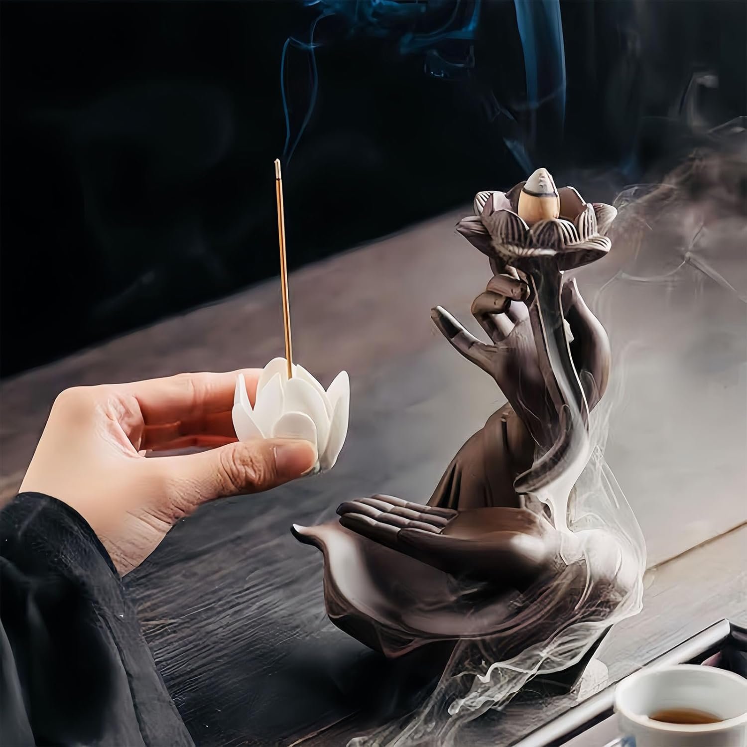 Lotus in Hand Cermaic Backflow Incense Burner,Waterfall Incense Burner with 50 Sandalwood Backflow Incense Holder Cones + 40 Incense Sticks,Incense Waterfall Fountain for Zen Decor (1) - Image 4