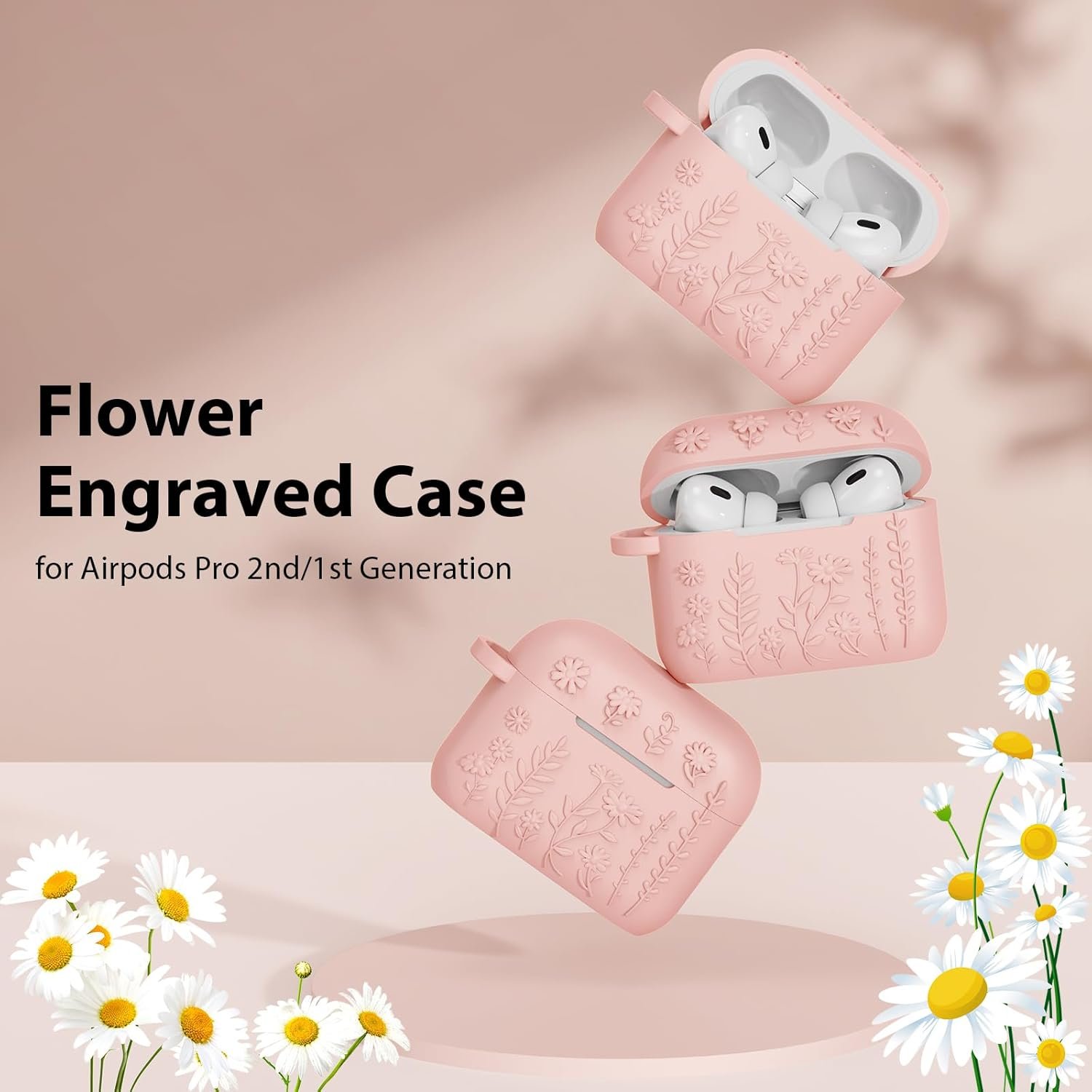 AirPods Pro 2 Case Cover, KOREDA Cute Flower Engraved Design Case for Airpods Pro 2nd Generation/1st Generation, Soft Silicone Full Protective Cover with Keychain & Cleaner Kit, Pink - Image 4