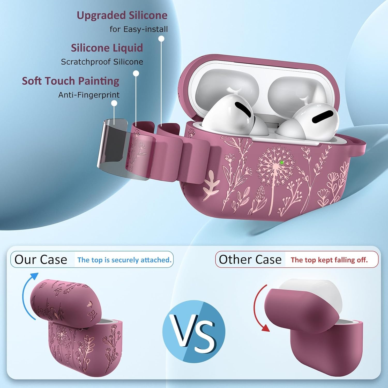 Minyee Airpods Pro 2nd Generation Case, Cute Floral Engraved Soft Silicone Two-Tone Protective Cover Compatible with Apple Airpods Pro 2nd & 1st Generation Case with Keychain Women, Violet Smoke/Pink - Image 5