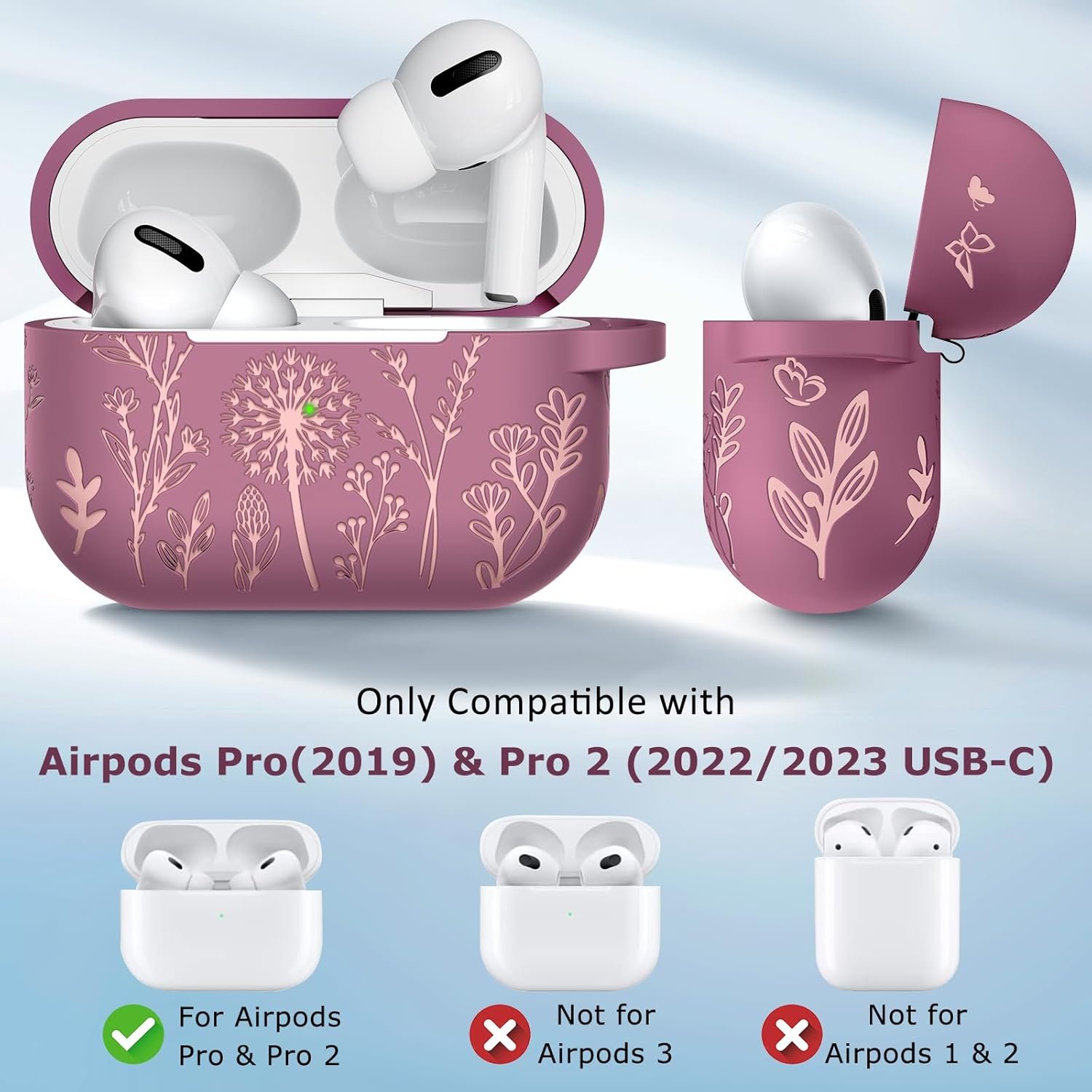 Minyee Airpods Pro 2nd Generation Case, Cute Floral Engraved Soft Silicone Two-Tone Protective Cover Compatible with Apple Airpods Pro 2nd & 1st Generation Case with Keychain Women, Violet Smoke/Pink - Image 4