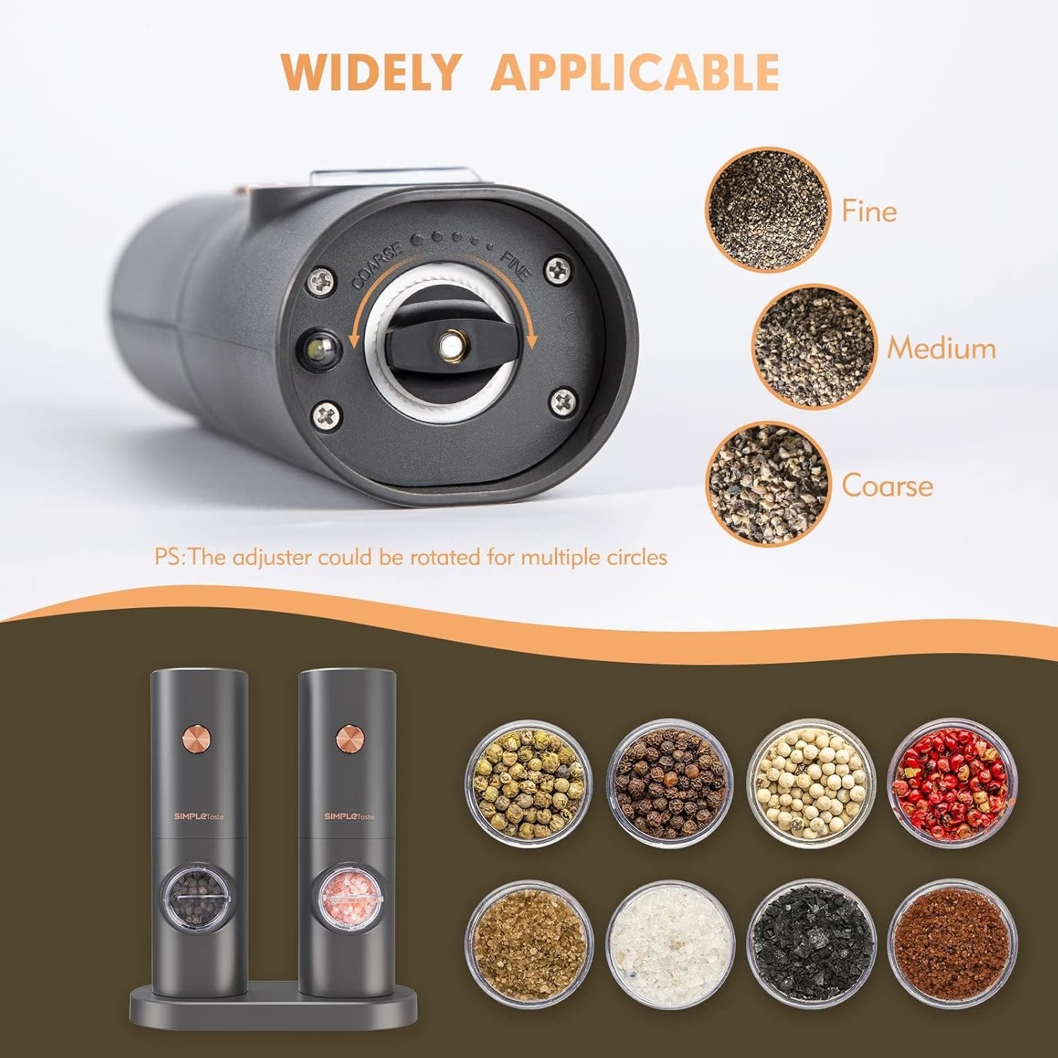 SIMPLETASTE Electric Salt and Pepper Grinder Set, One-Handed, Battery Powered, Adjustable Coarseness, LED Light, Pepper mills with stand, Seasoning Tools for Kitchen, Dining or Gifting - Image 4