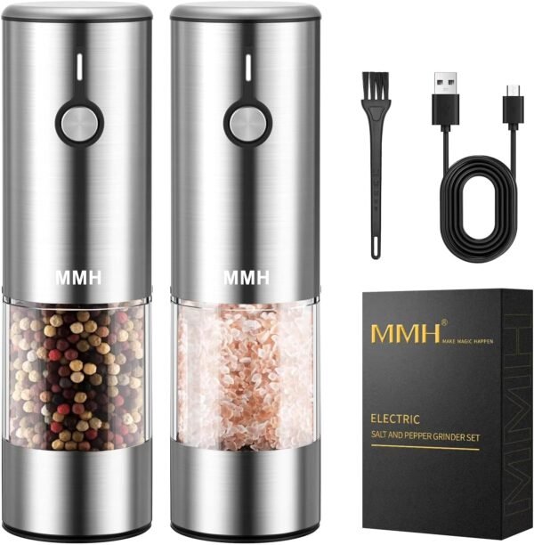 [Upgraded 66g Large Capacity] Electric Salt and Pepper Grinder Set USB Rechargeable with 6-Level Adjustable Coarseness Stainless Steel Automatic Salt n Pepper Mills Shakers Refillable with LED light - Image 2