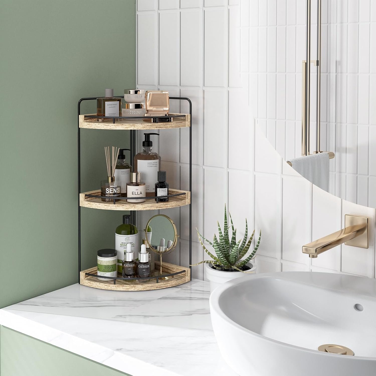 Fixwal Corner Bathroom Counter Organizer, 3 Tier Rustic Bathroom Organizer, Wood Countertop Storage Tray for Vanity, Kitchen, Bedroom (Light Brown) - Image 6
