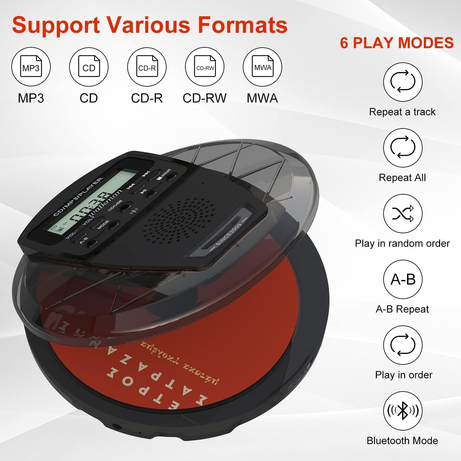 Rechargeable CD Player Portable with Bluetooth,Compact Anti-Skip Shockproof Walkman CD Player with Earphone, Stereo Speakers&LCD Display for Car/Home/Travel (AUX Output) - Image 4
