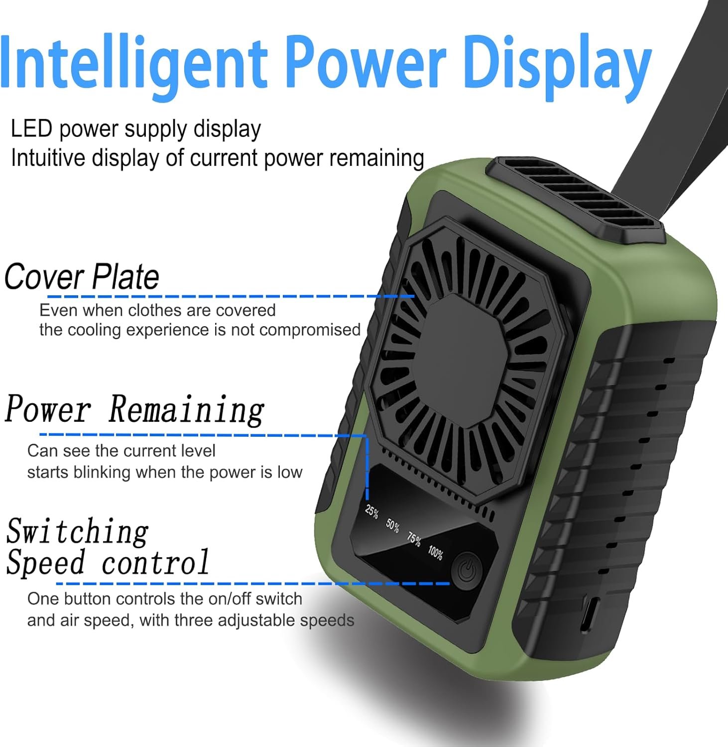 10000mAh Upgraded Waist Fan - Stepless Adjustable Speed, Rechargeable Neck Fan with over 24 hours Working time, 12000RPM Airflow, Cooling Fan with Lanyard, for Outdoor Scenario, Green - Image 2