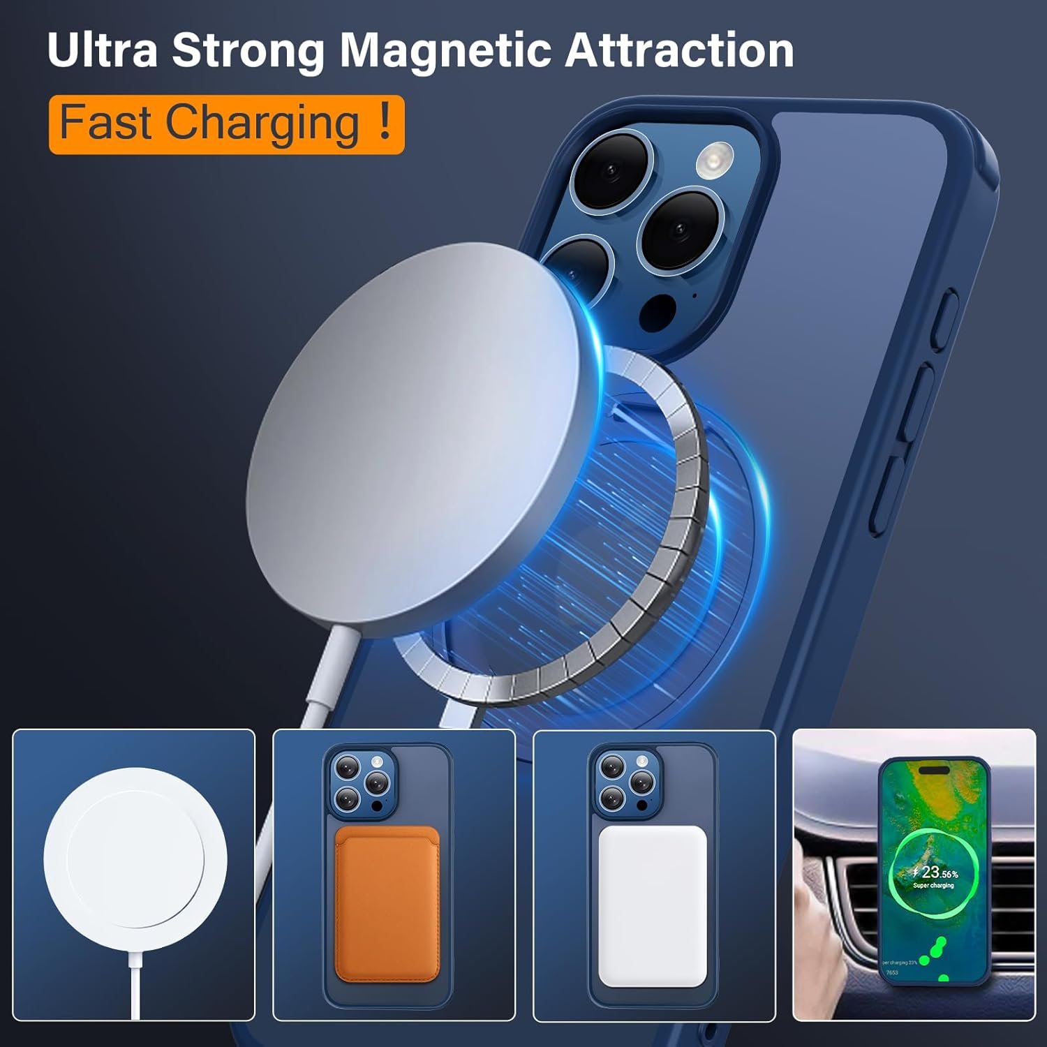 for iPhone 15 Pro Max Case 360°Magnetic Ring Stand, Compatible with Magsafe, Military Grade Shockproof, Translucent Back with Ring Holder Protective Phone Cover for iPhone 15 ProMax Blue - Image 4