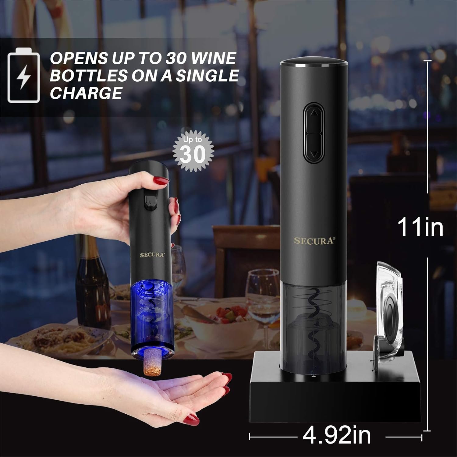 Secura Electric Wine Opener, Automatic Electric Wine Bottle Corkscrew Opener with Foil Cutter, Rechargeable (Black) - Image 5