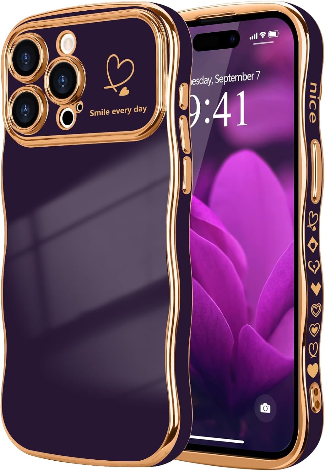 LCHULLE for iPhone 15 Pro Max Case for Women Girls, Cute Wave Frame Curly Shape with Love Heart Raised Camera Protection Cover Luxury Plating Shockproof Phone Case for iPhone 15 Pro Max, Dark Purple - Image 2