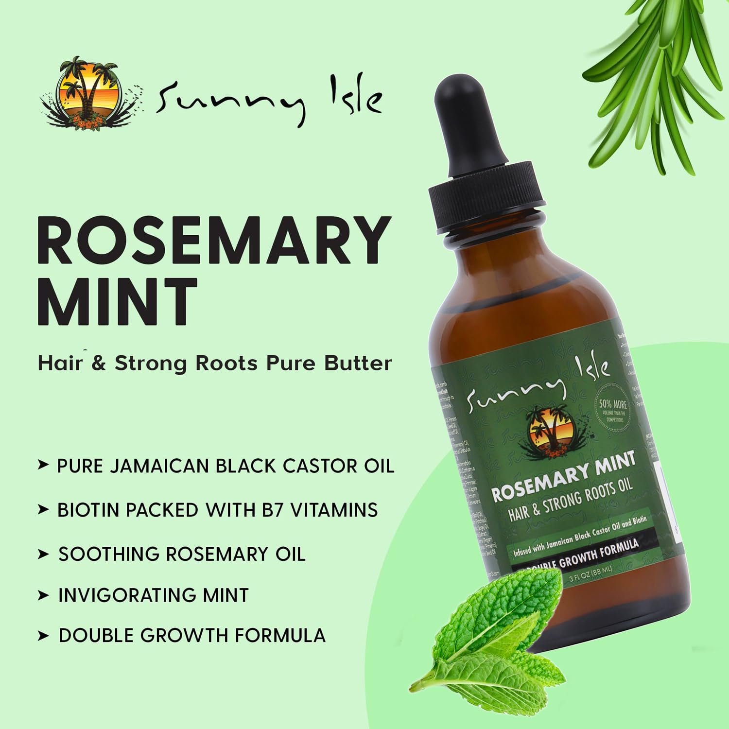 Sunny Isle Rosemary Mint Hair and Strong Roots Oil 3oz | Infused with Biotin & Jamaican Black Castor Oil | Strengthen and Nourish Hair Follicles | Dry Scalp, Split Ends - Image 6