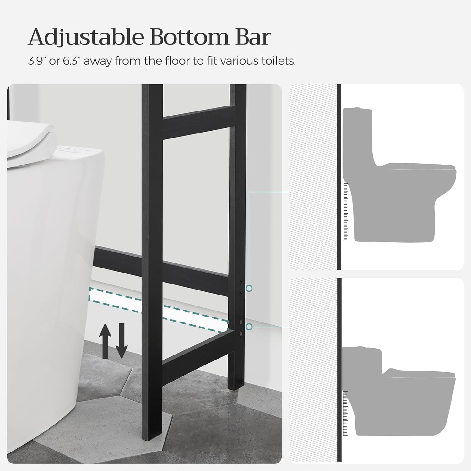 SONGMICS Over-The-Toilet Storage, 3-Tier Bathroom Organizer Over Toilet with Adjustable Shelves, Hooks, Toilet Paper Holder, Multifunctional Bathroom Shelf, Rustic Brown and Ink Black UBTS012B01 - Image 8