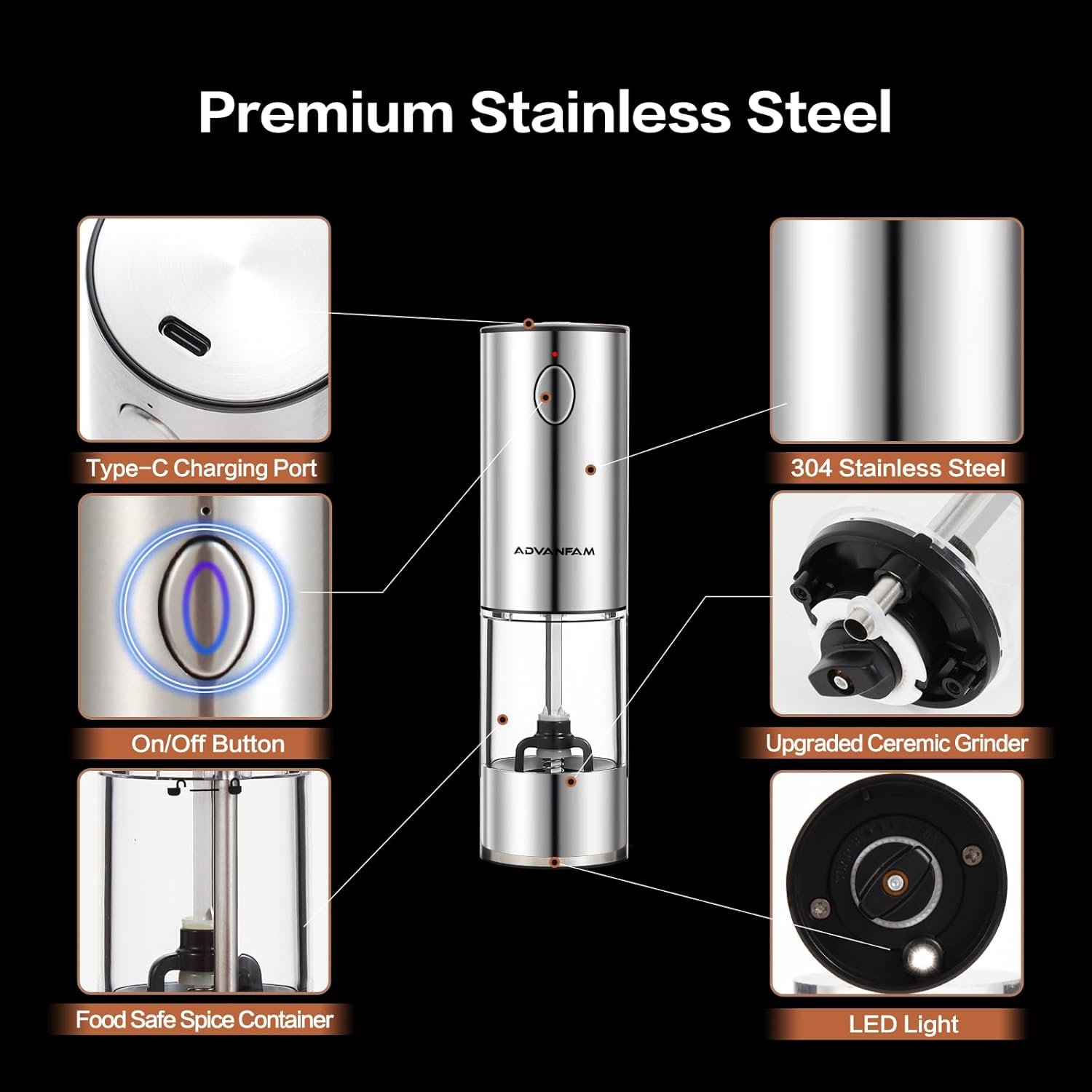Upgraded Larger Capacity Electric Salt Pepper Grinder Stainless Steel Pepper Grinder with LED Light, Rechargeable Automatic Salt or Pepper Mill Features Adjustable Coarseness - Image 7