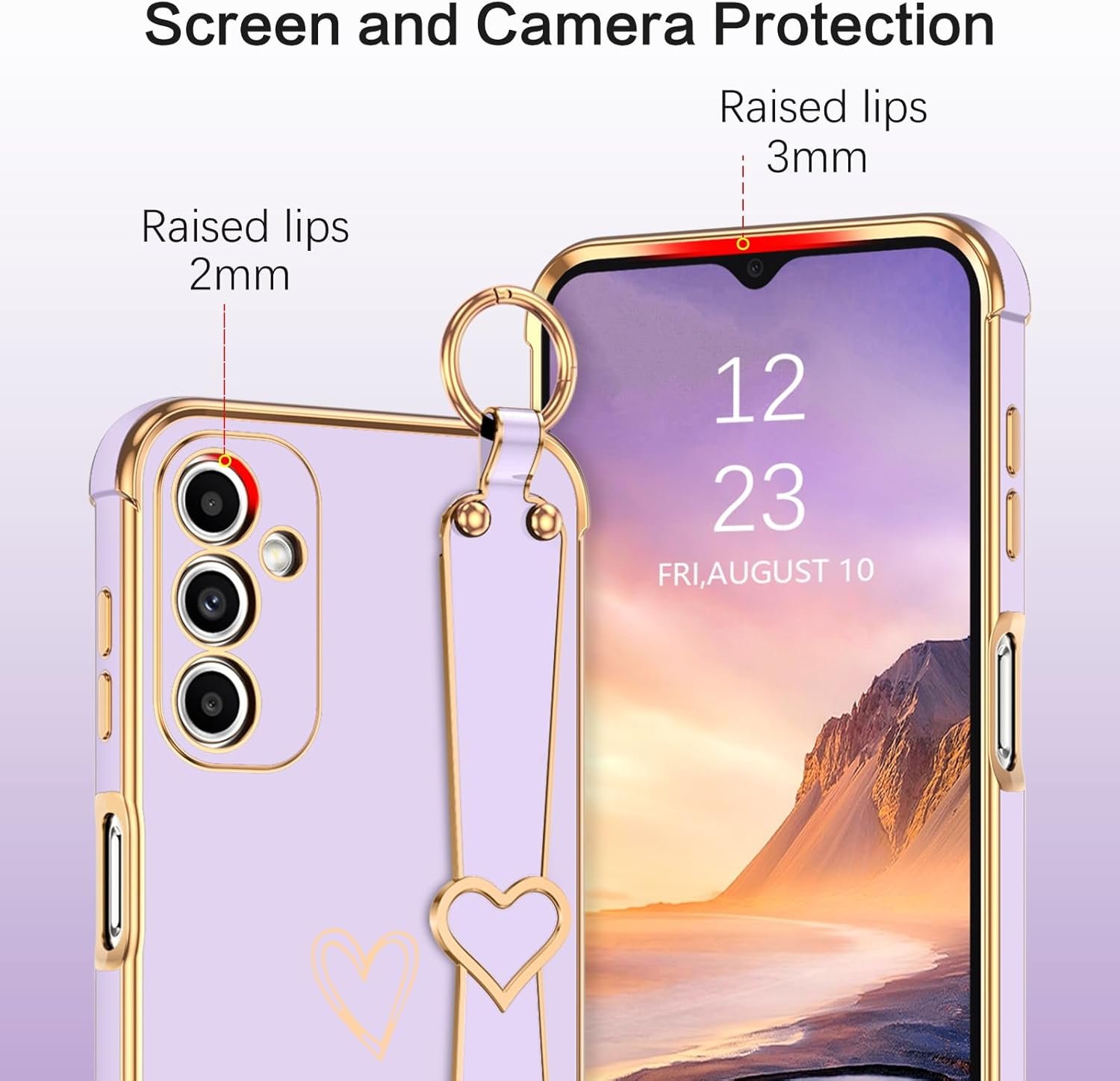 BENTOBEN for Galaxy A14 5g Phone Case with Adjustable Wristband Kickstand, Cute Heart Luxury Plating Bumper, Raised Corners Shockproof Women Girls Phone Cover for Samsung Galaxy A14, Lavender Purple - Image 7