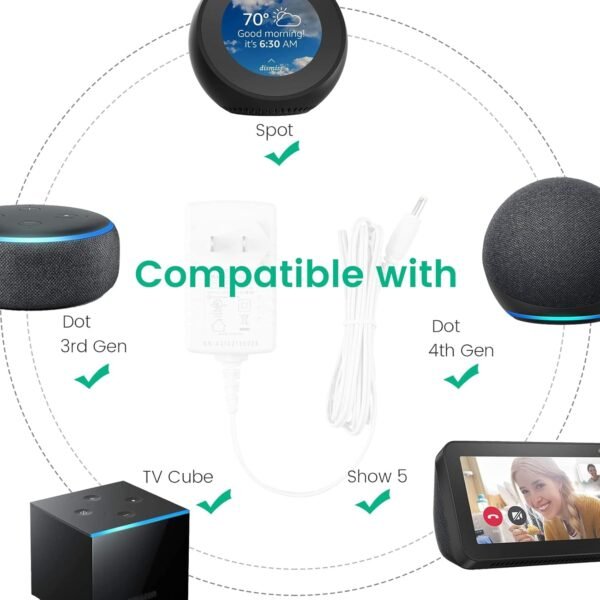 15W Power Cord Replacement for Echo Dot 5th Gen, 4th Gen, 3rd Gen, Dot Kids Edition, Dot with Clock, Pop, White DC Charger Adapter with 5ft Cable - Image 3