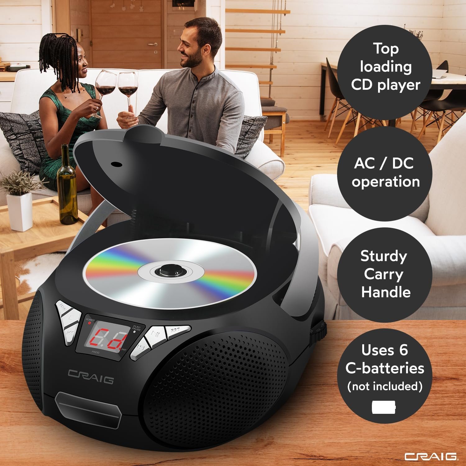 Craig CD6925 Portable Top-Loading Stereo CD Boombox with AM/FM Stereo Radio and Bluetooth Wireless Technology | Programmable CD Player | CD-R/CD-W Compatible | No Headphone Jack - Image 4
