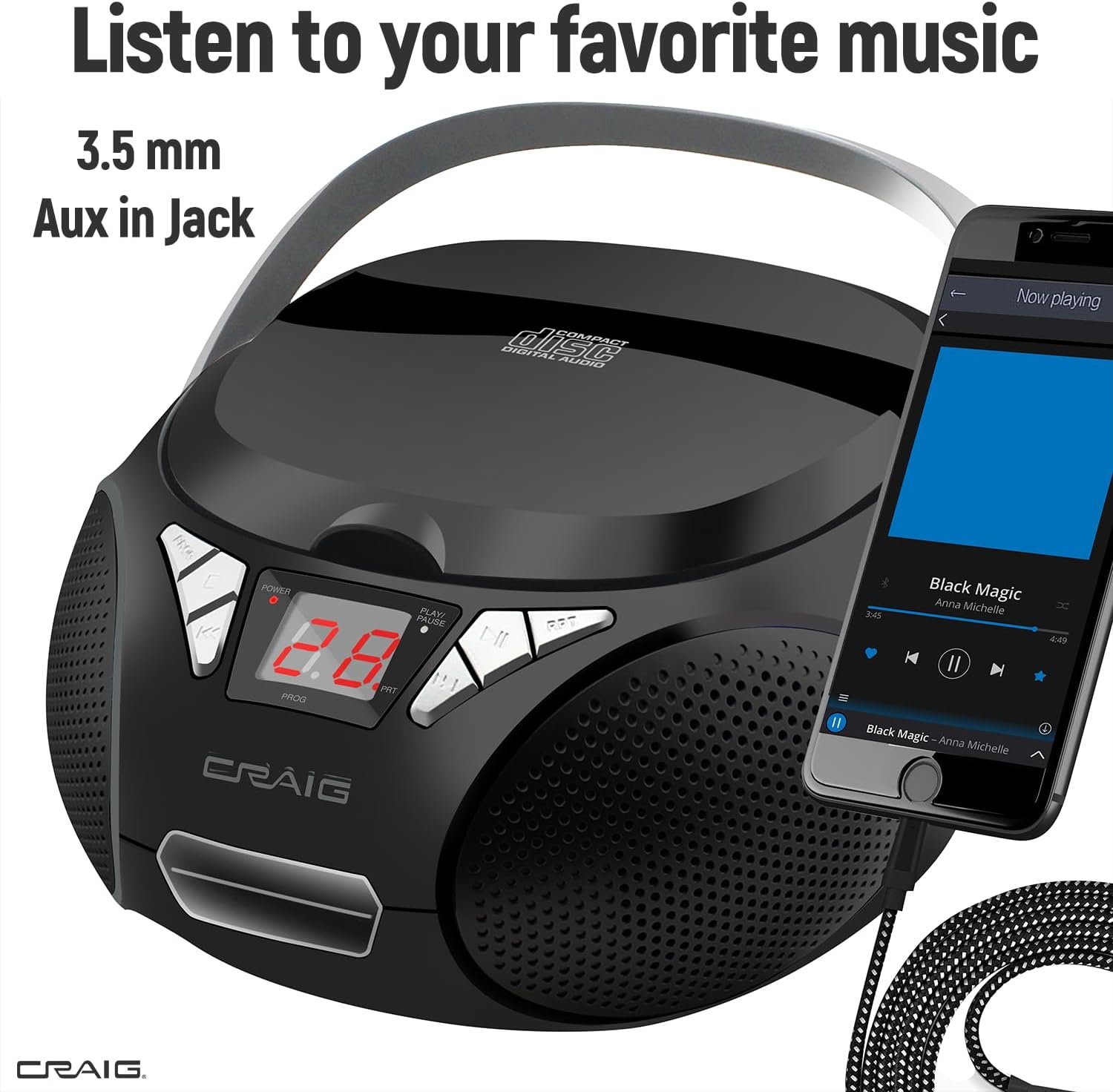 Craig CD6925 Portable Top-Loading Stereo CD Boombox with AM/FM Stereo Radio and Bluetooth Wireless Technology | Programmable CD Player | CD-R/CD-W Compatible | No Headphone Jack - Image 7