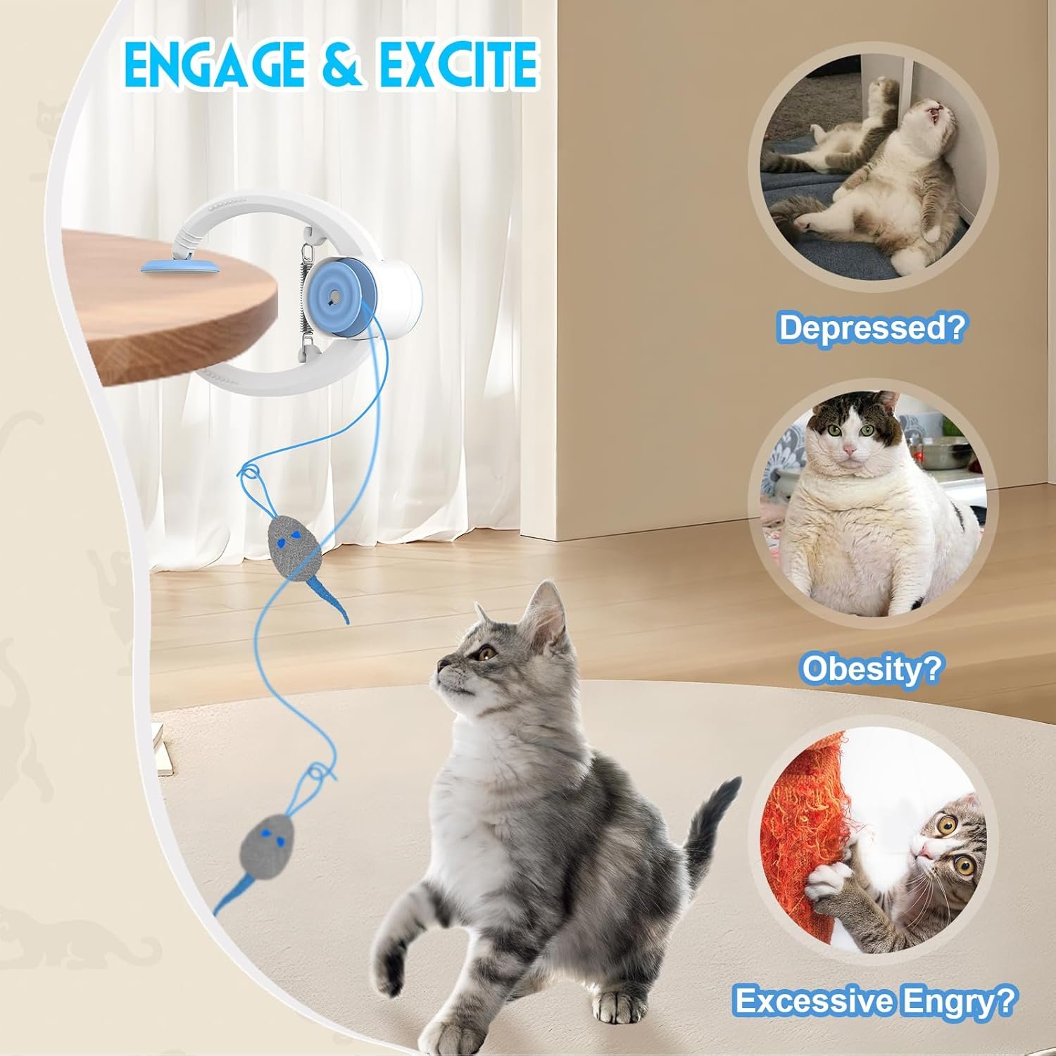 Cat Toy Interactive for Indoor Cats, Smart USB Rechargeable Door Hanging Automatic Retractable Kitten Toys, Teaser Electronic Self Play Feather Cat String Toys Attached with 3 Catnip Mice White - Image 9