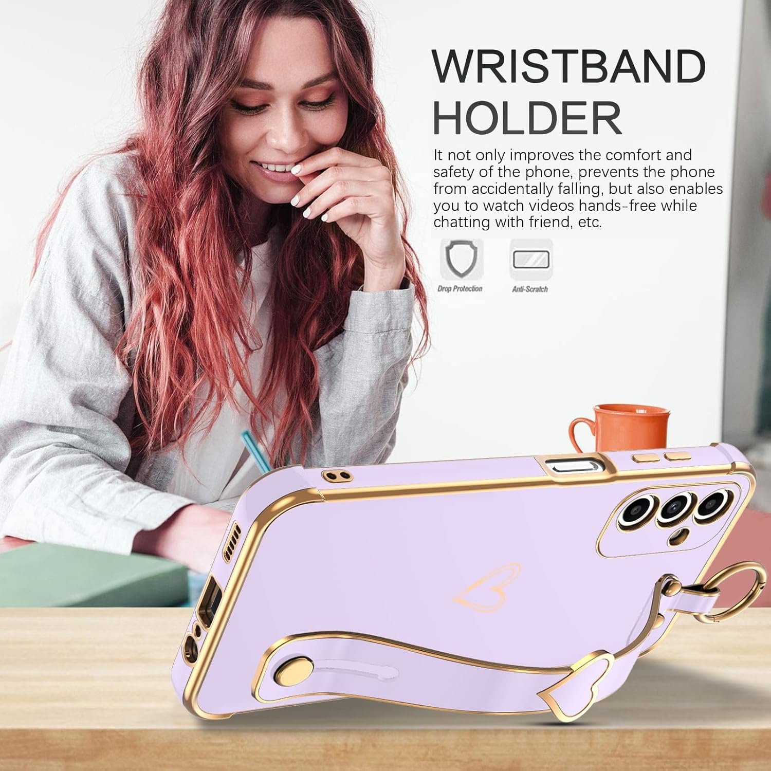 BENTOBEN for Galaxy A14 5g Phone Case with Adjustable Wristband Kickstand, Cute Heart Luxury Plating Bumper, Raised Corners Shockproof Women Girls Phone Cover for Samsung Galaxy A14, Lavender Purple - Image 9