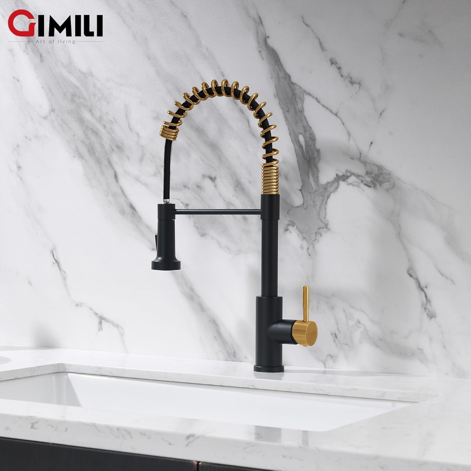 GIMILI Black and Gold Kitchen Faucet with Pull Down Sprayer, Single Handle Spring Kitchen Faucet, RV Farmhouse Utility Bar Laundry Faucet for Kitchen Sink - Image 7