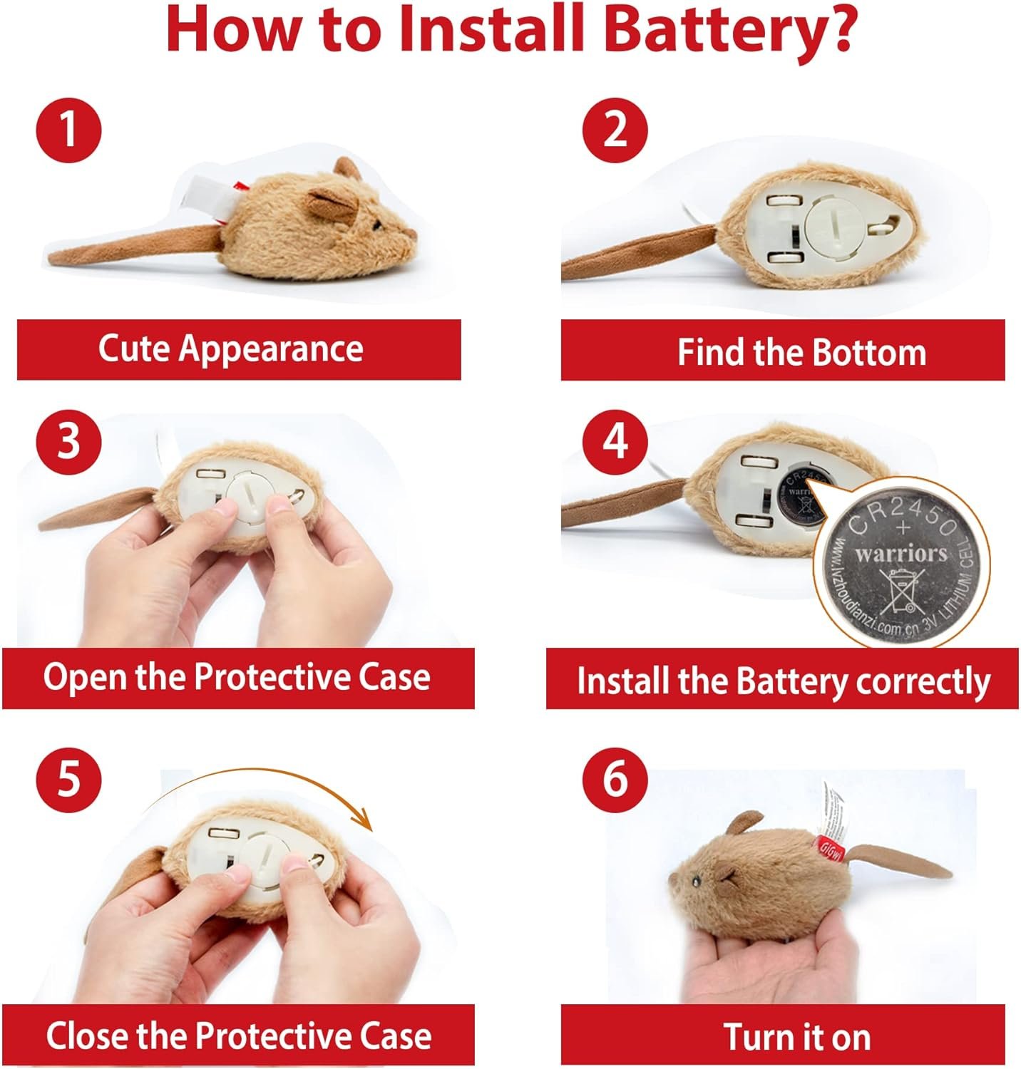 Gigwi Interactive Cat Toy Mouse, Moving Automatic Cat Toys Mice Electronic with Furry Tail, Automatic Squeaky Cat Toys for Kitten Indoor/Outdoor Exercise (Brown-Ear) - Image 5