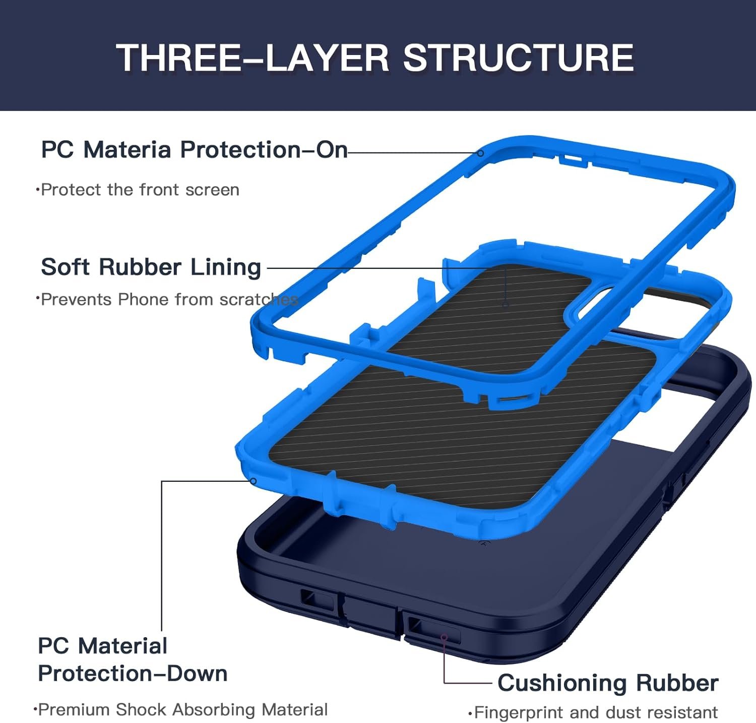 Hucasok Compatible with iPhone 13 Case Shockproof Rugged Full Body Protection Heavy Duty Dust/Drop Proof 3-Layer Cover Case for Apple iPhone 13 Case 6.1 inch 2021,Navy Blue/Blue - Image 4