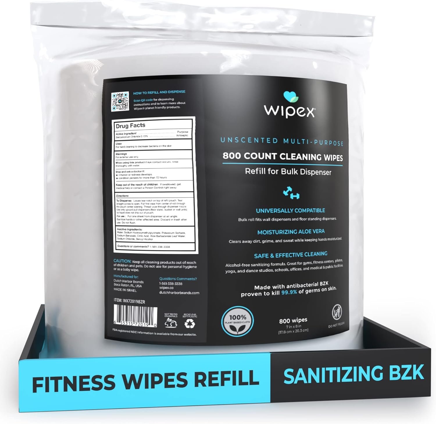 Wipex Gym Wipes Refill - 800ct Hand Sanitizing Wipes with Safe Plant Based Cloth, Commercial Size use at Gyms, Studios, Clubhouse & Public Facilities (1 Roll, 800 Gym Wipes Bulk) - Image 2