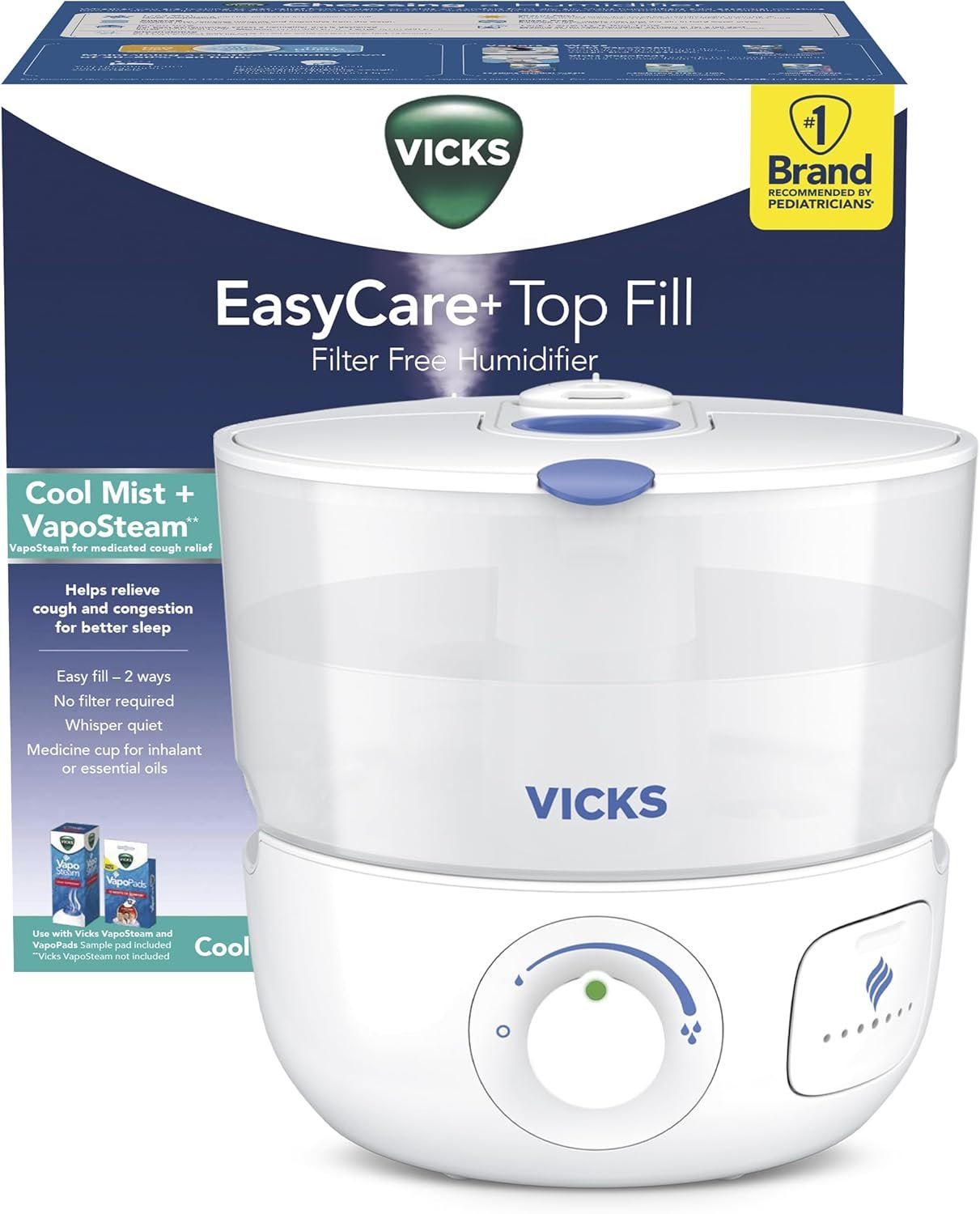 Vicks EasyCare Plus Top Fill Filter-Free Cool Mist Humidifier, Small Room–For Vapors 2 Ways –Works with Vicks VapoPads and VapoSteam, White - Image 2