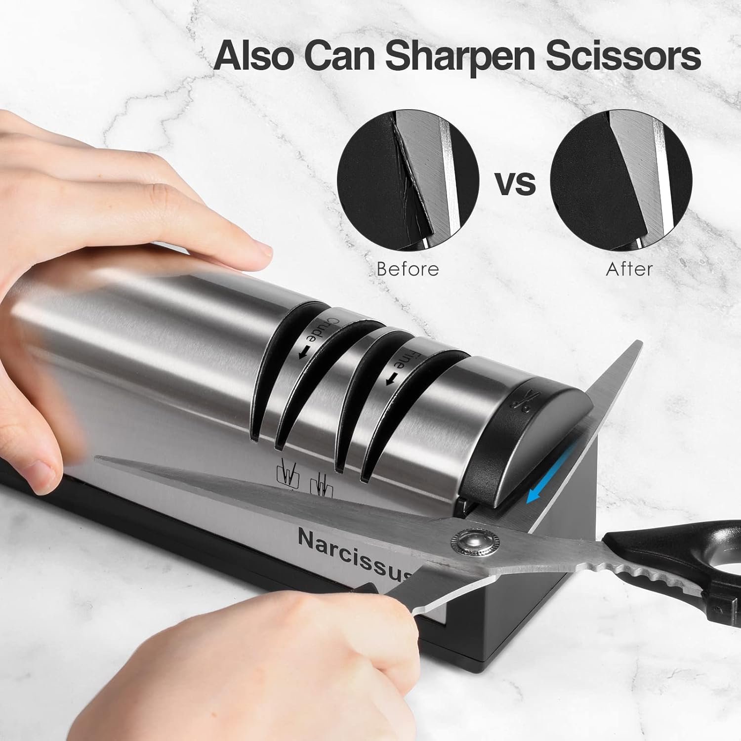 Narcissus Knife Sharpener, Professional 2 Stage Electric Knife Sharpener for Quick Sharpening & Polishing, with Scissors Sharpener and Metal Dust Collection Box, Stainless Steel, Silver - Image 6