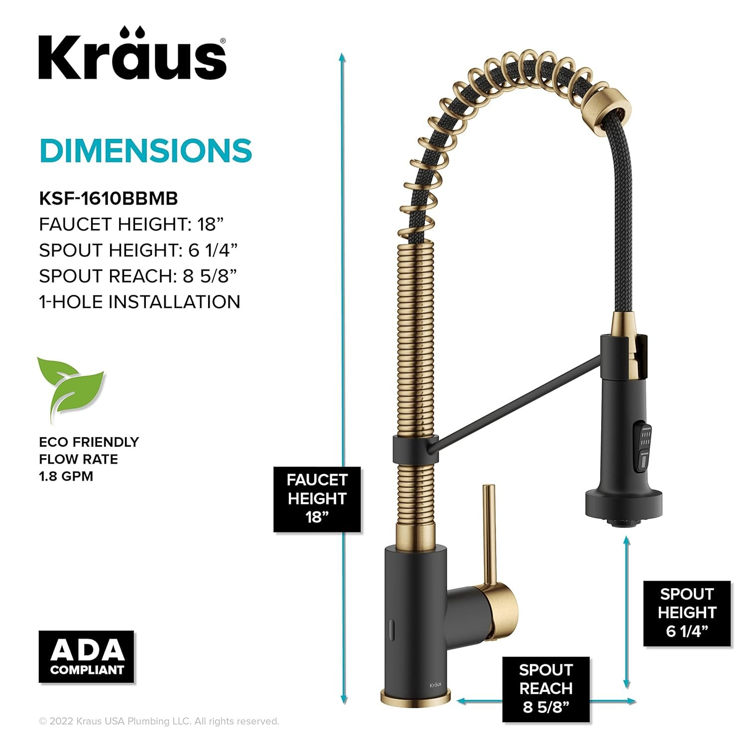 KRAUS Bolden Touchless Sensor Commercial Style 2-Function Single Handle Pull Down Kitchen Faucet in Brushed Brass/Matte Black, KSF-1610BBMB - Image 6