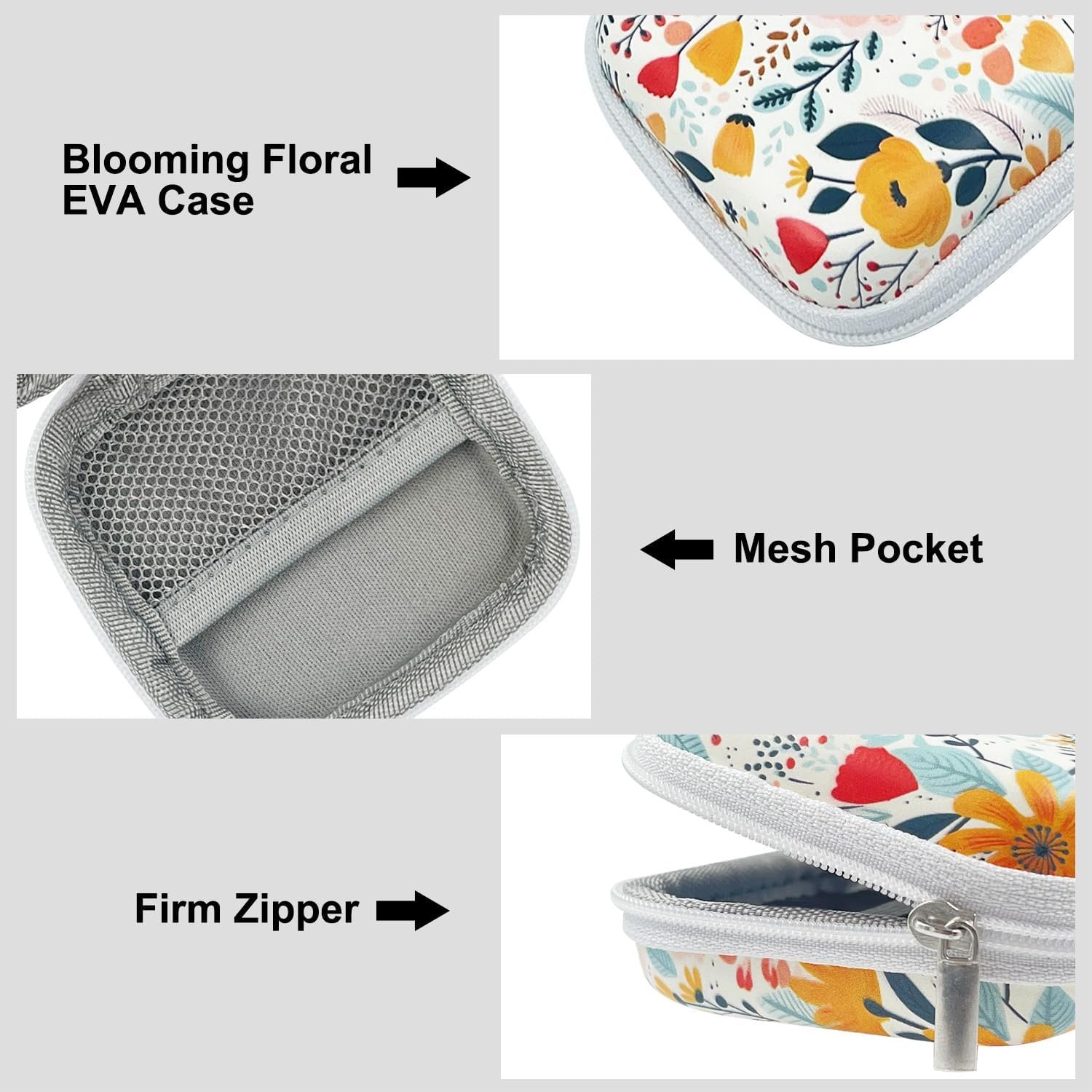 Square Earbud Case, Headphone Organizer Ear Bud Case Portable EVA Carrying Case Storage Bag with Carabiner for AirPods 4 Airpods Pro 2 Beats Bose Galaxy Buds 3 Data Cable Storage (Blooming Floral) - Image 5