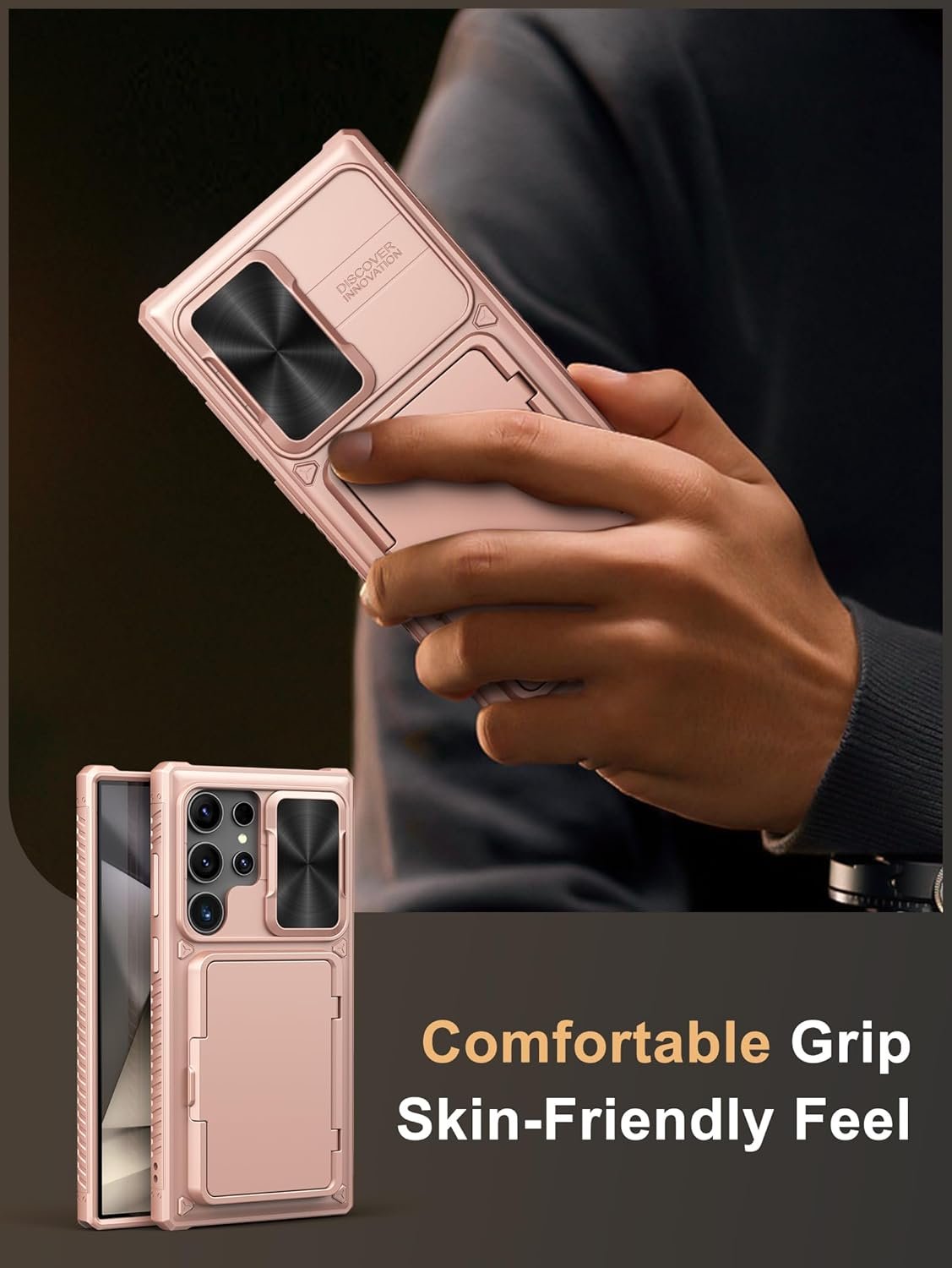 Vihibii for Samsung Galaxy S24 Ultra Case with Slide Camera Protection Cover, Built-in Card Holder (4 Cards) & Kickstand, Shockproof Rugged Wallet Phone Case for Galaxy S24 Ultra 6.8" 2024, Rose Gold - Image 8