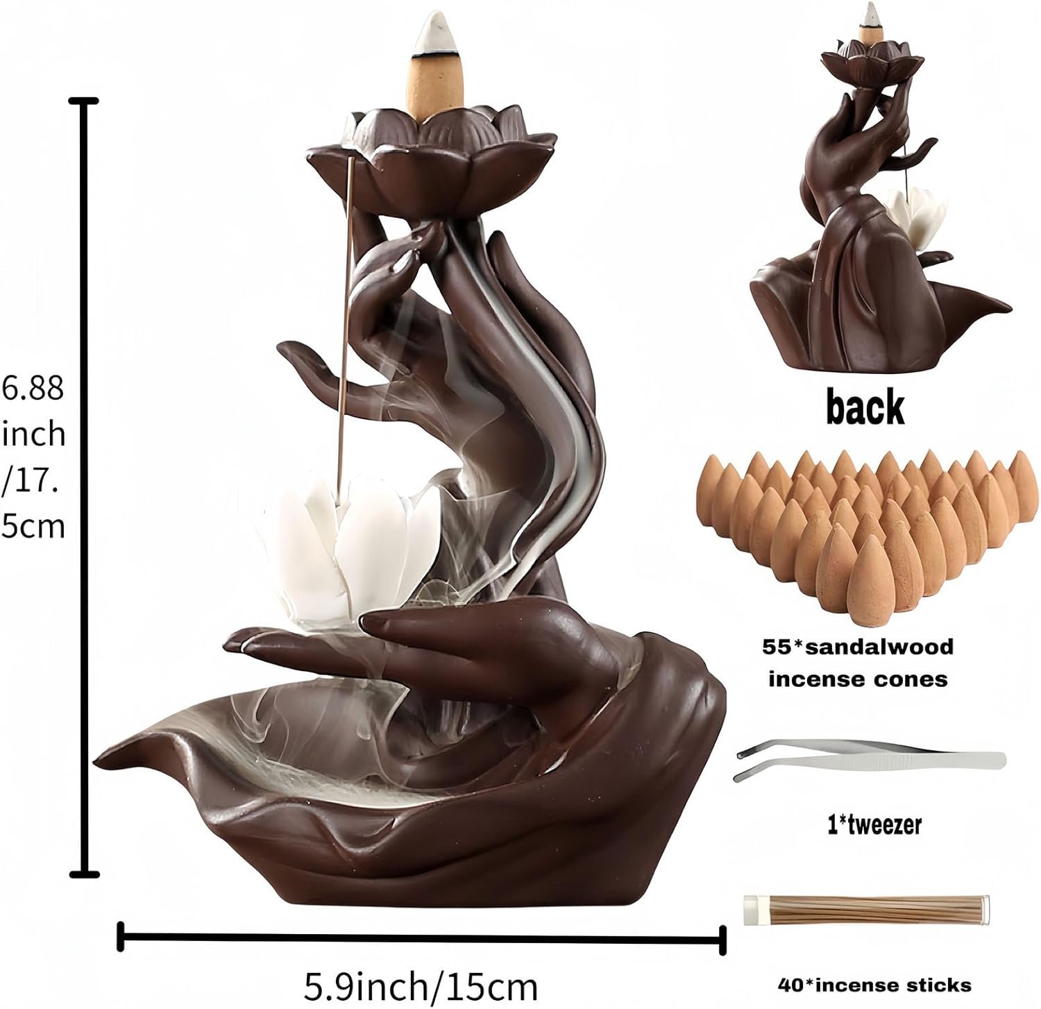 Lotus in Hand Cermaic Backflow Incense Burner,Waterfall Incense Burner with 50 Sandalwood Backflow Incense Holder Cones + 40 Incense Sticks,Incense Waterfall Fountain for Zen Decor (1) - Image 3