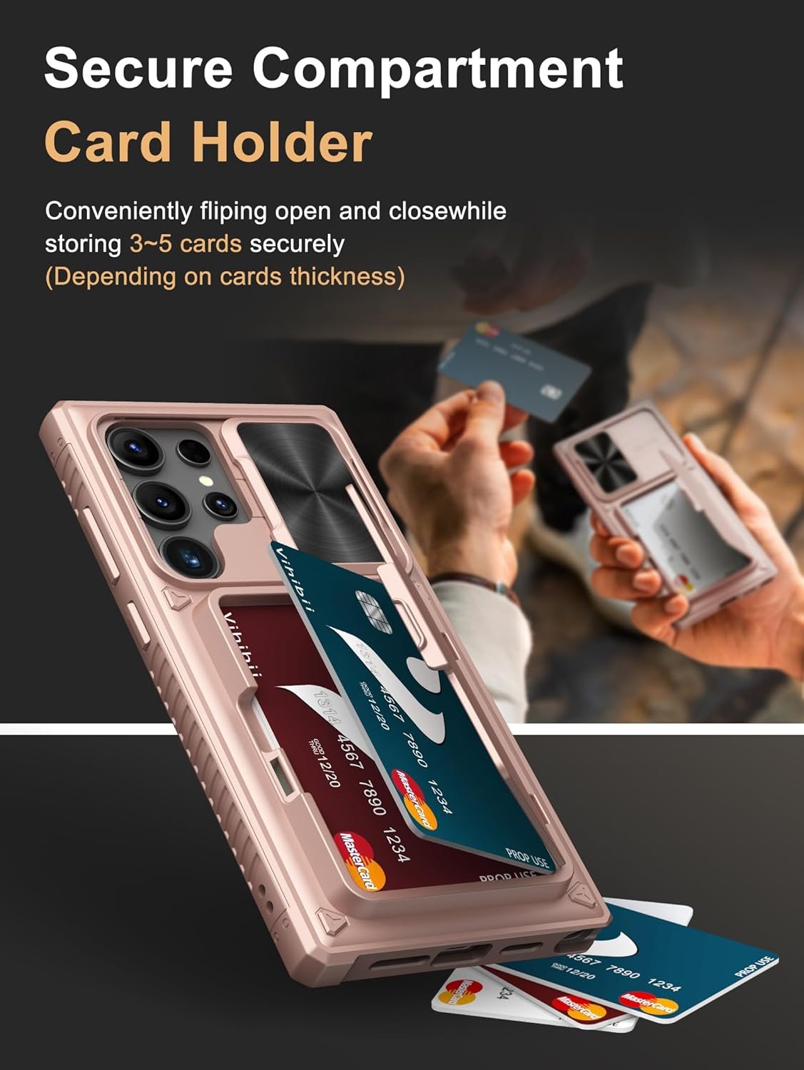 Vihibii for Samsung Galaxy S24 Ultra Case with Slide Camera Protection Cover, Built-in Card Holder (4 Cards) & Kickstand, Shockproof Rugged Wallet Phone Case for Galaxy S24 Ultra 6.8" 2024, Rose Gold - Image 4